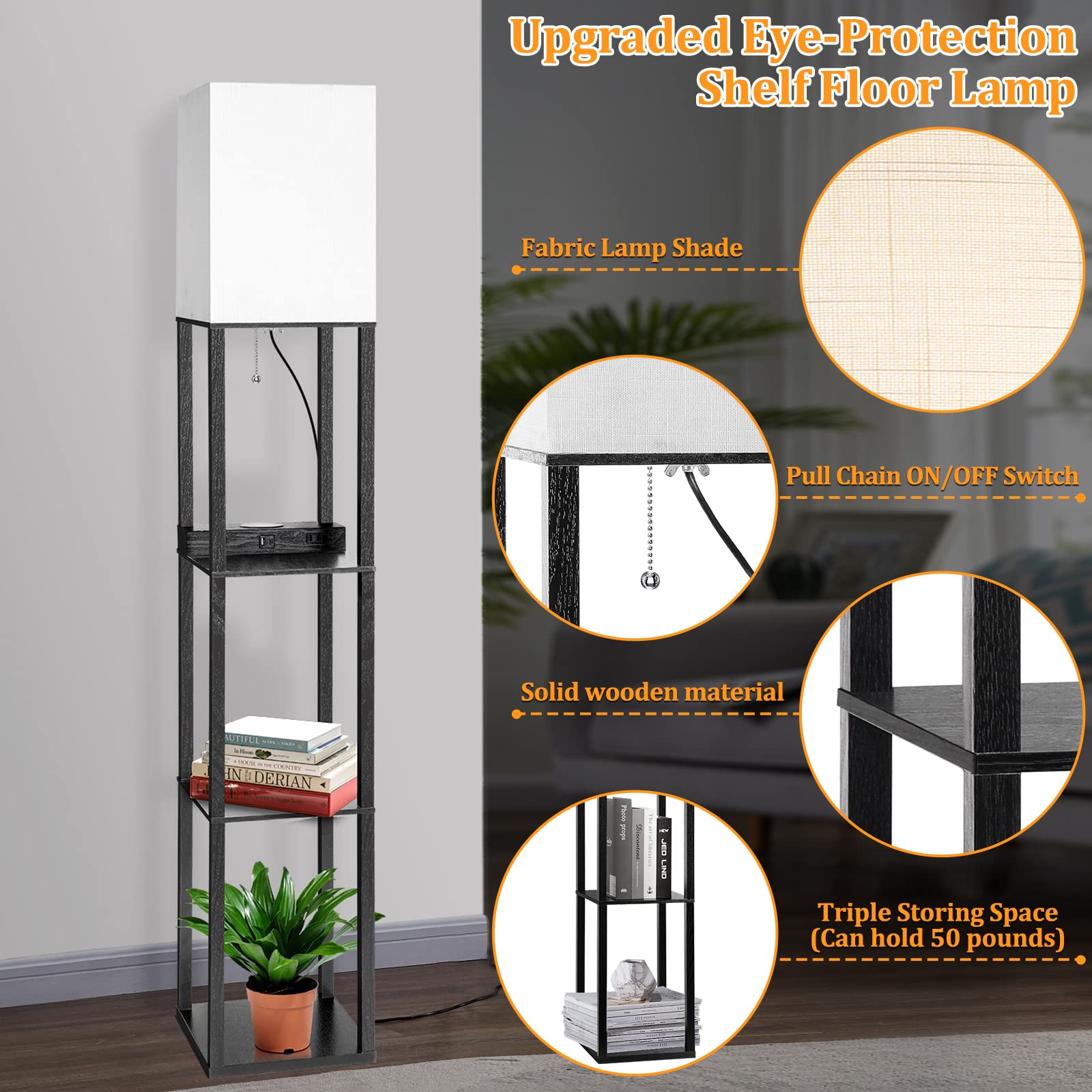 Dott Arts Floor Lamp with Shelves, Wireless Charger, USB Ports, 2 AC Outlets, 10.2in Wide, Black, Model WLM1600-FLA-8W-