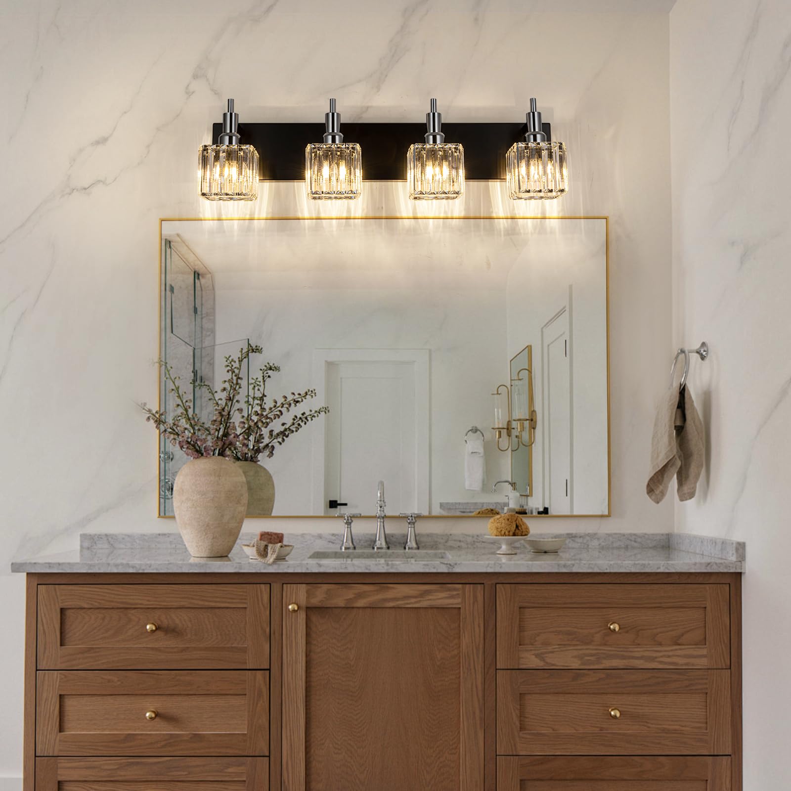 HUOKU Bathroom Vanity Lights, 4-Light Modern Crystal Wall Light, Black Chrome with Square Shade, Metal Construction