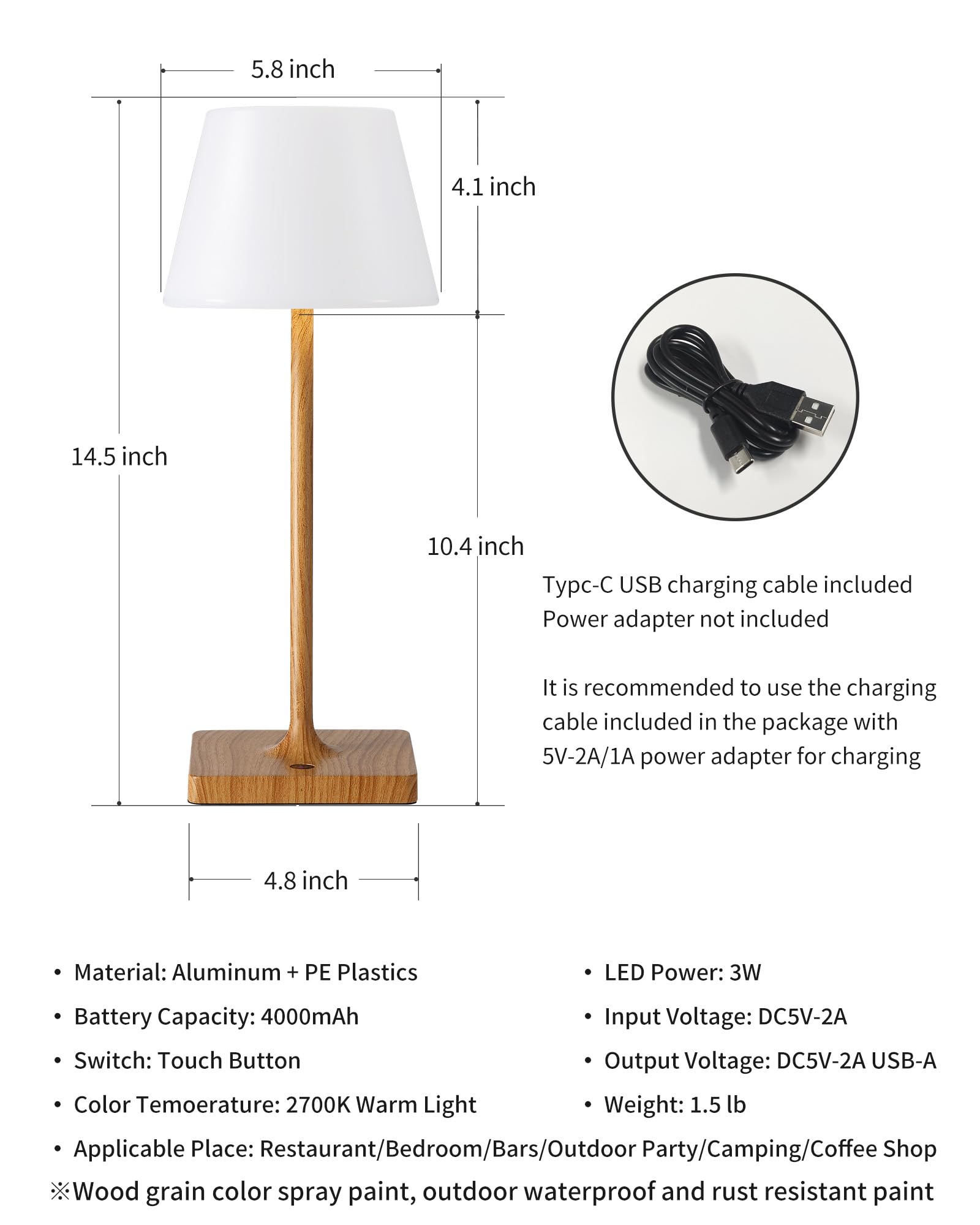 Newsee Cordless Portable Touch Table Lamp Waterproof Shower Lamp Set Of 2, 4000Mah Rechargeable Battery Powered Dimmable Led Des