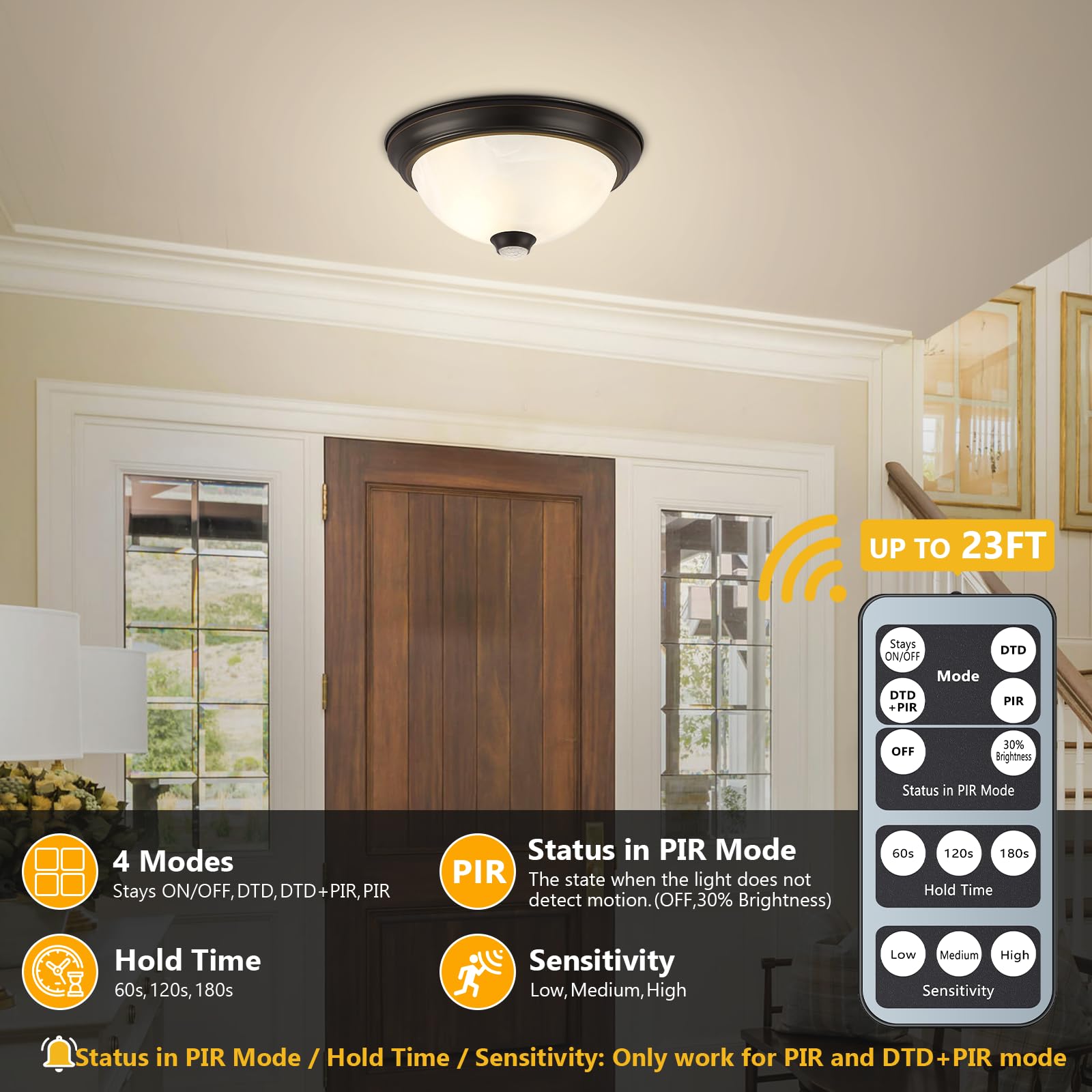 Outdoor Ceiling Light With Remote, Motion Sensor Flush Mount Ceiling Lights Dusk To Dawn Porch Lights With 4 Modes, 2-Light Clos