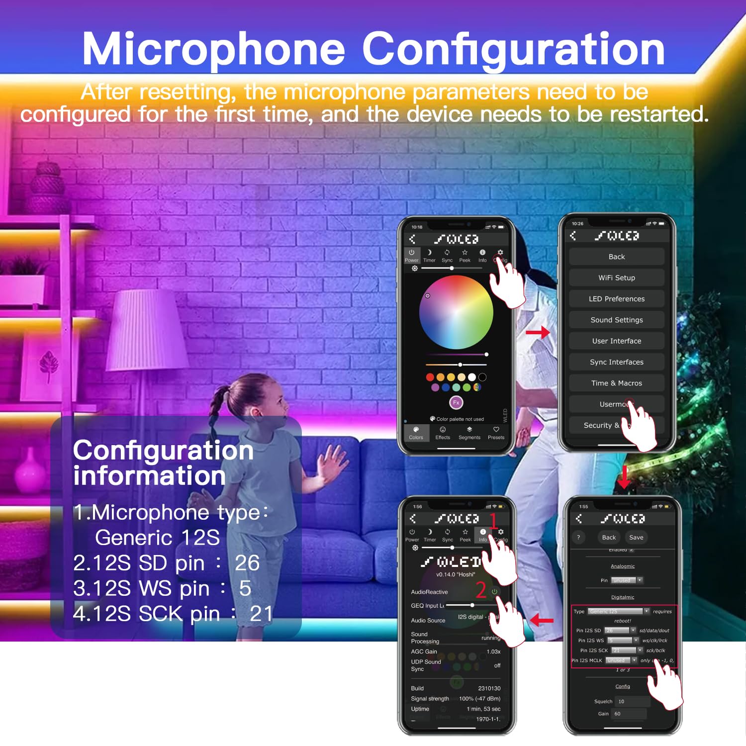Sogledwow GLEDOPTO ESP32 WLED LED Controller with Mic for Addressable LED Strip Lights - White, Model LT-GL-C-010WL