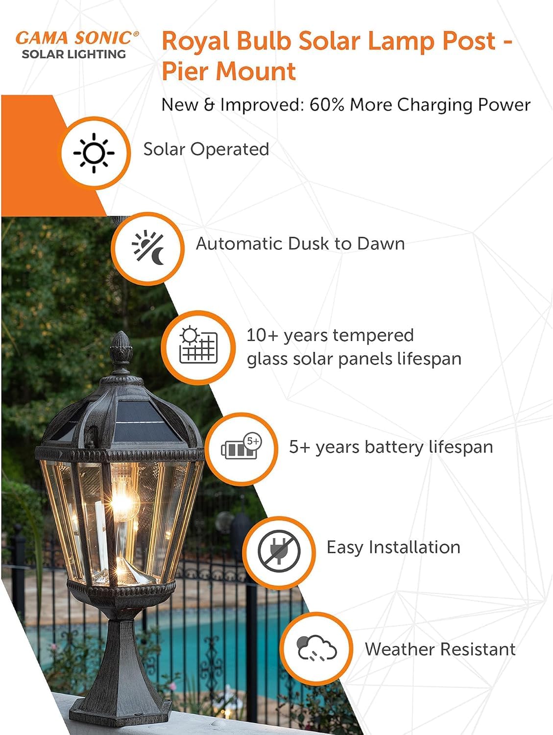 Gama Sonic Outdoor Solar Post Light with Pier Base, Weathered Bronze Finish Aluminum and Beveled Glass, Royal Bulb 150 Lumens Wa
