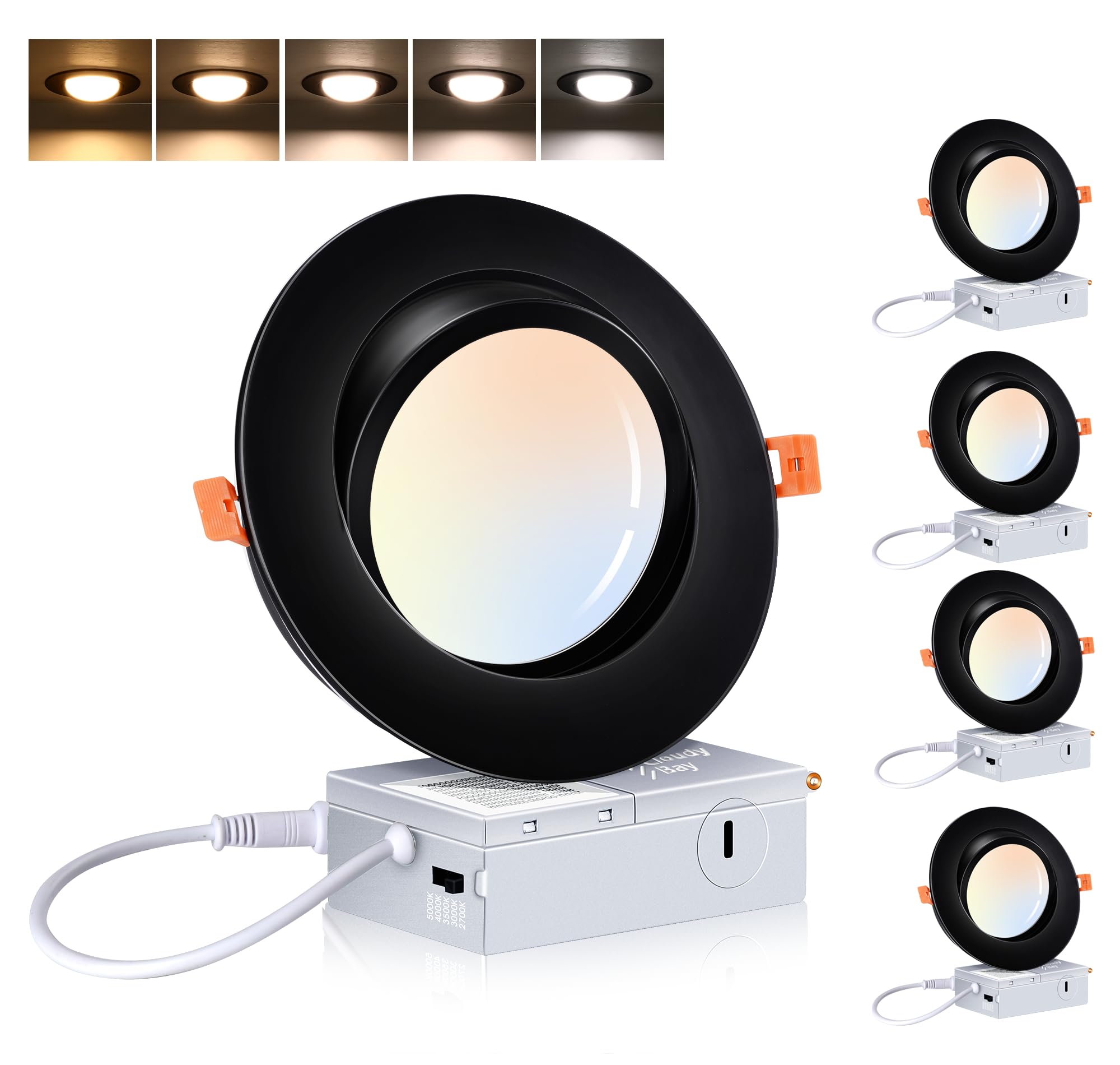 CLOUDY BAY [4 Pack] 6 inch 5 Color Swivel LED Gimbal Recessed Light with Junction Box IC Rated Air Tight,120V CRI90+,2700K/3000K