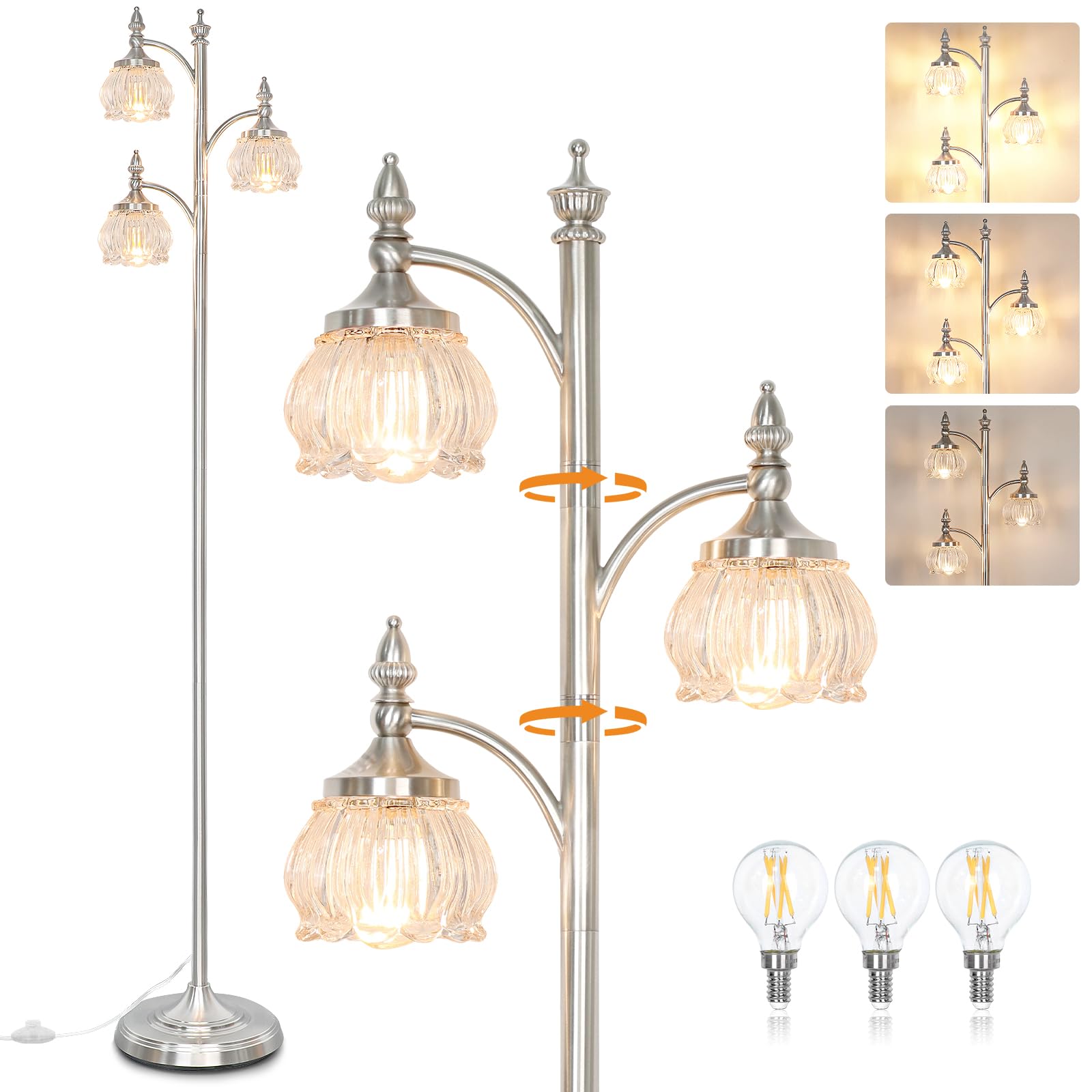 JUNNAI Brushed Nickel Floor Lamps for Living Room Silver Flower Standing Lamp with 3 Brightness Lights Glass Shades 66.5in Lamp 