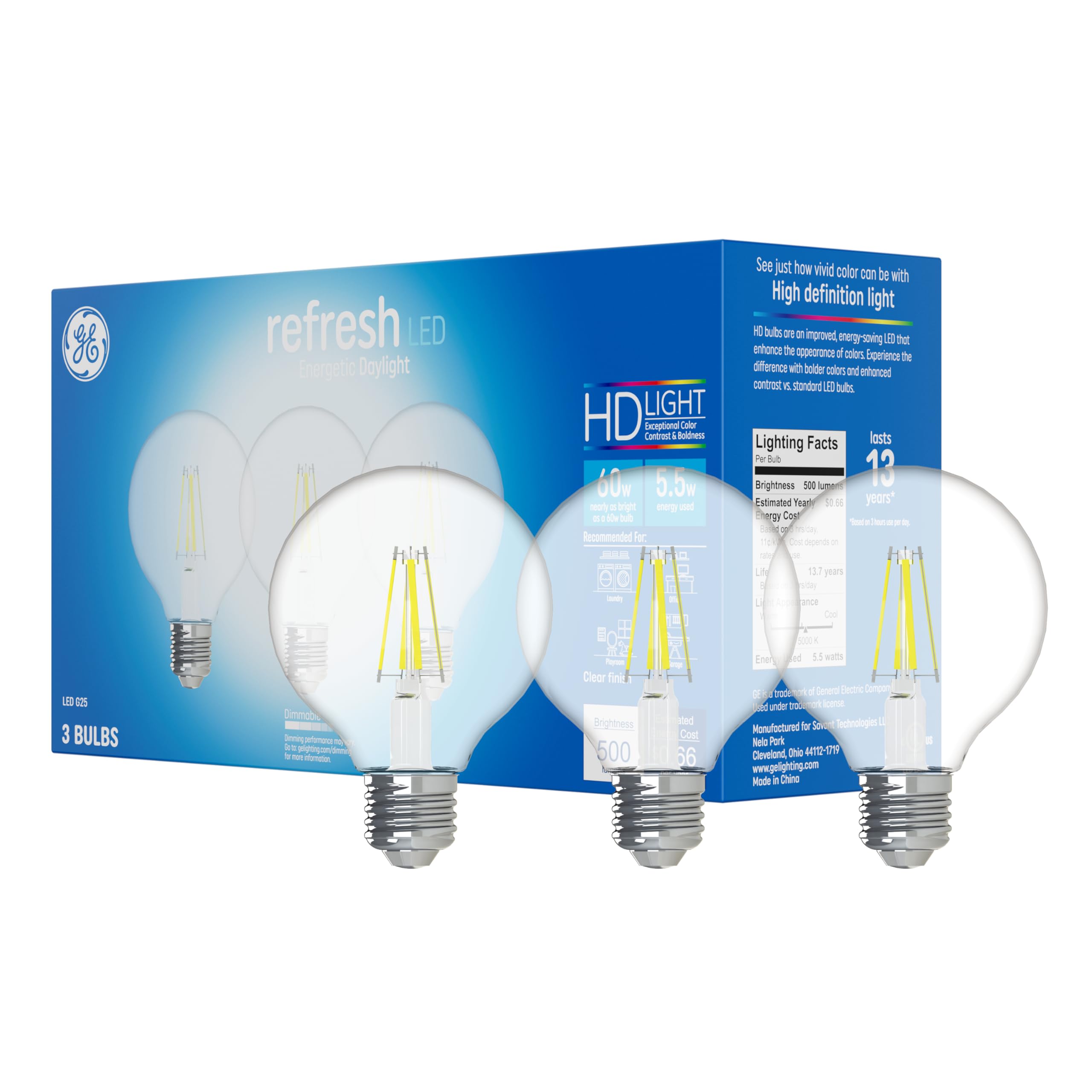 Ge Refresh Led Light Bulbs, 60 Watt, Daylight, G25 Globe Bulbs, Clear, Medium Base 3 Count, (1 Pack)