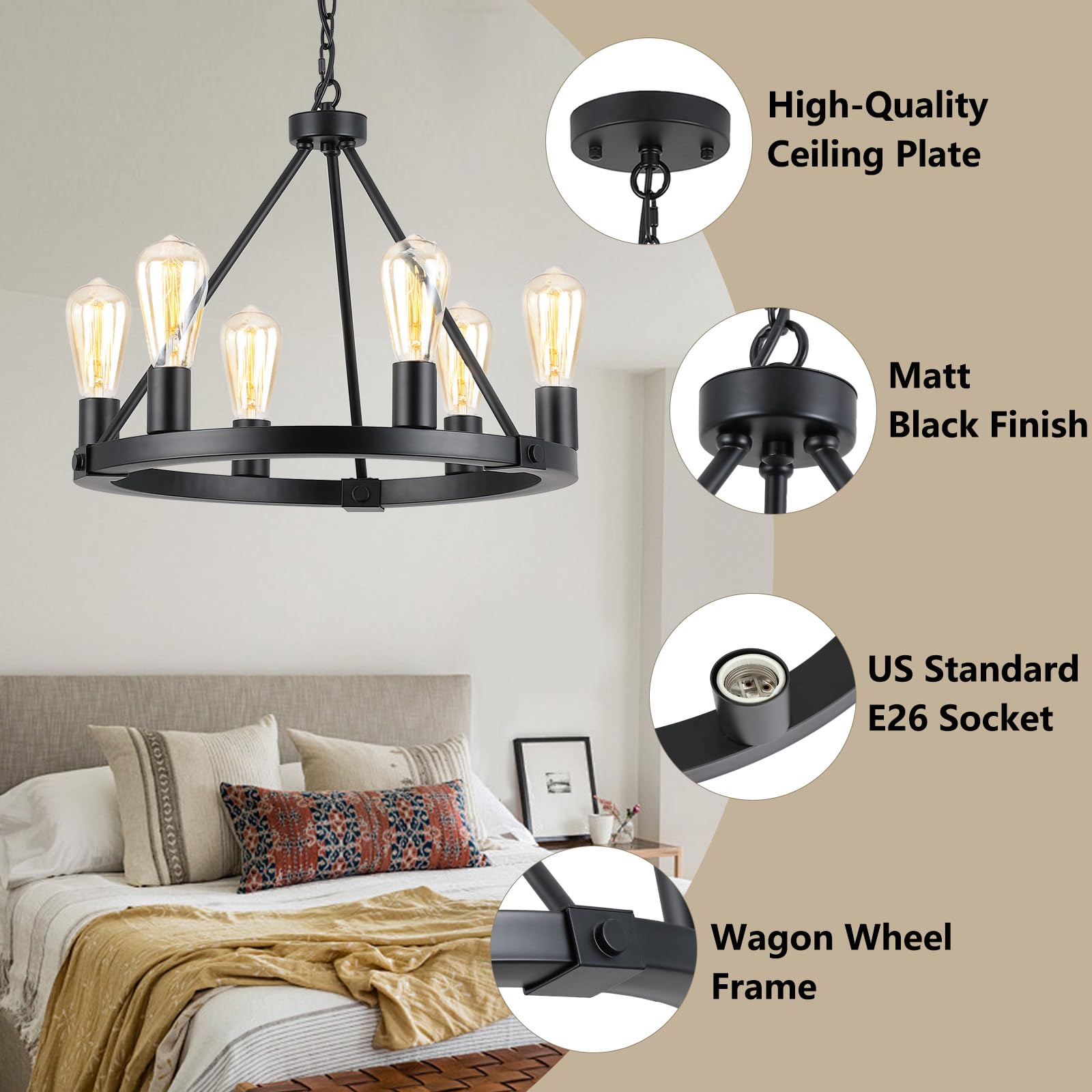 9MMML 6-Light Black Wagon Wheel Chandelier, Industrial Metal Pendant Light for Living Room, Bedroom, Entryway, Model 8003