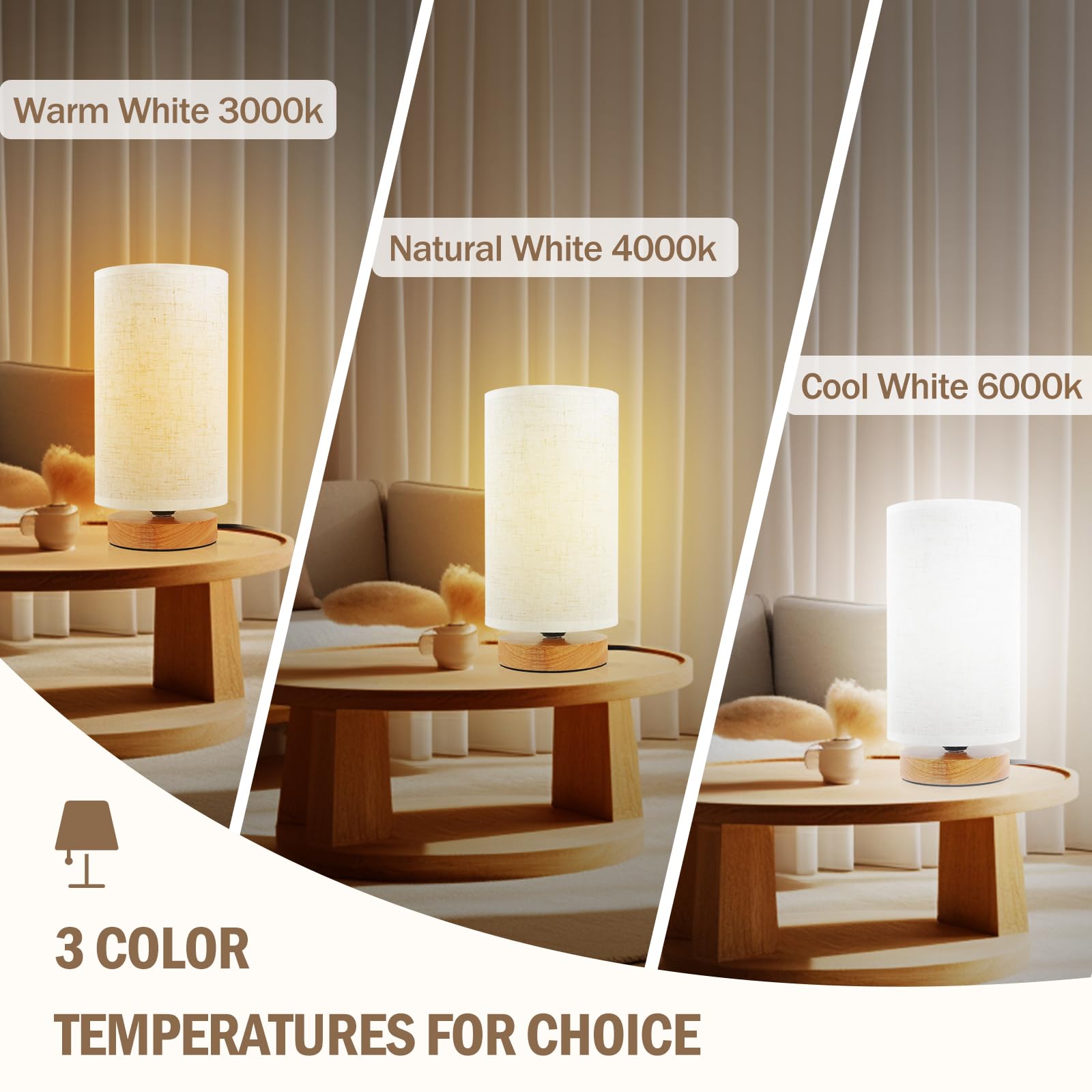 Minimalist Bedside Table Lamps For Bedrooms Set Of 2, 3 Color Temperature Bedside Lamps With Round Fabric Linen Shade,Small Desk Lamp Night Nightstand Lamp Set For Living Room, Reading ,Office