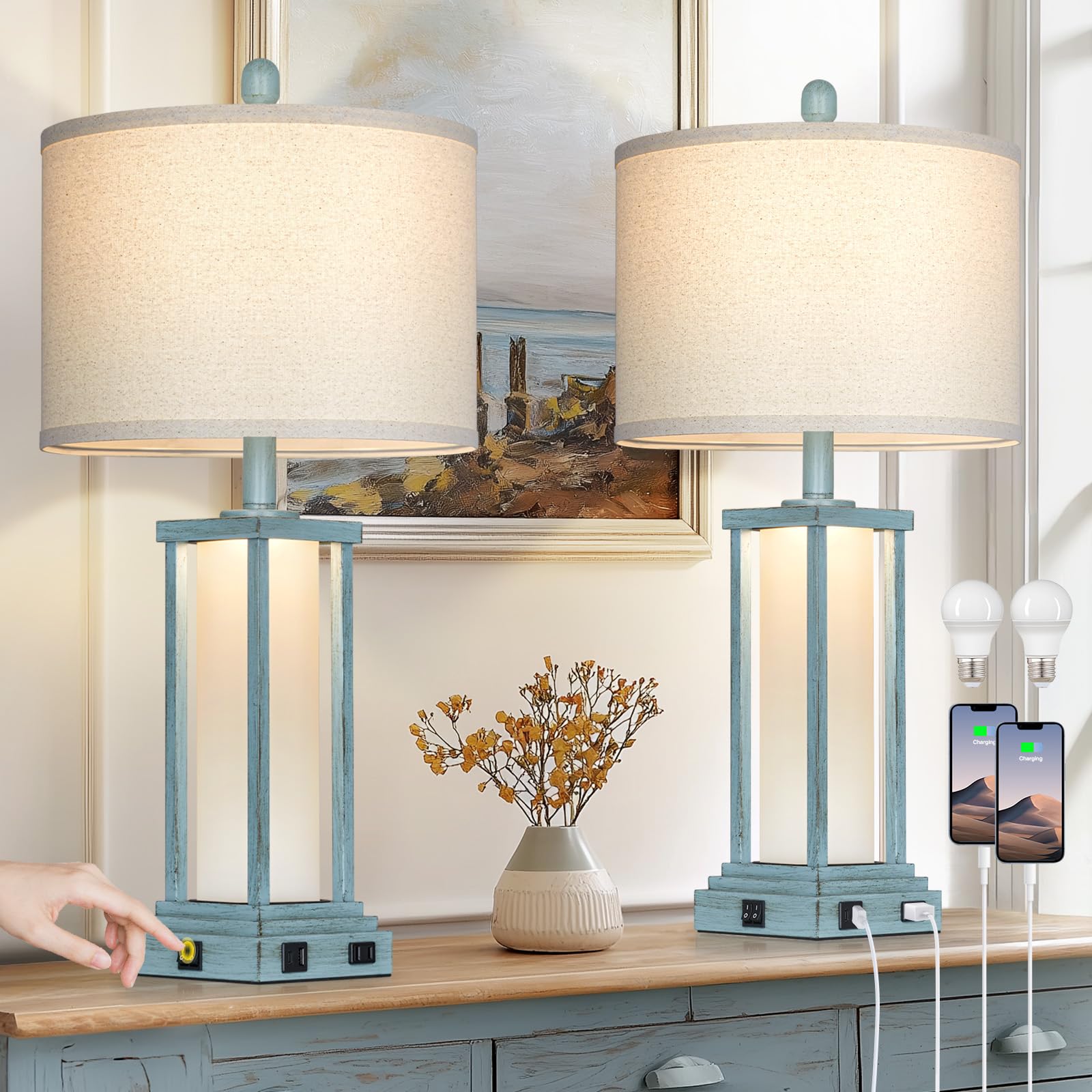 Cinkeda 27 Tall Vintage Table Lamp Set of 2 with USB C+A & Outlet Nightstand Lamp for Living Room Coastal Bedside Lamps with Frosted Glass Night Light for Bedroom Entryway Blue