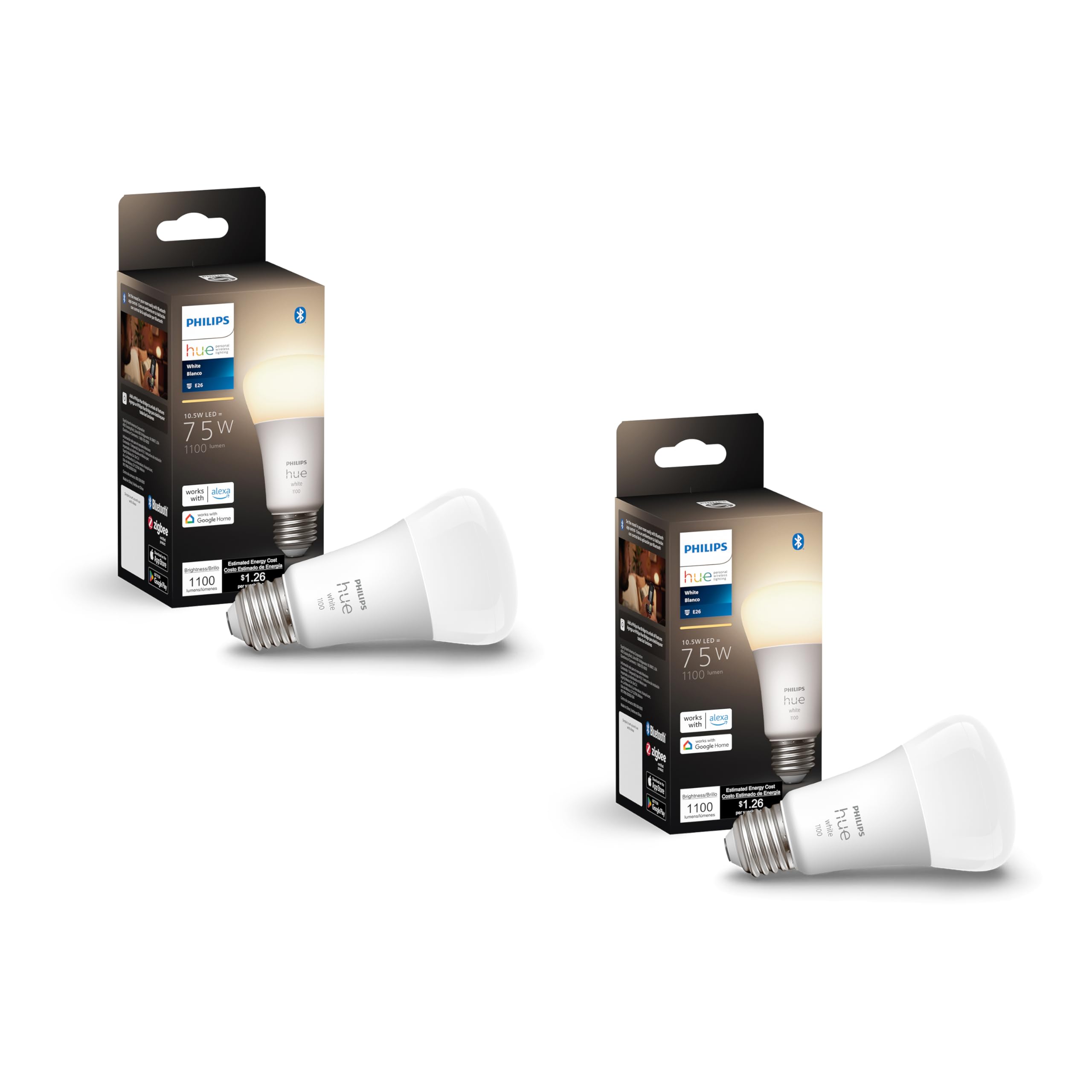 Philips Hue Smart 75W A19 Led Bulb - Soft Warm White Light - 2 Pack - 1100Lm - E26 - Indoor - Control With Hue App - Compatible 