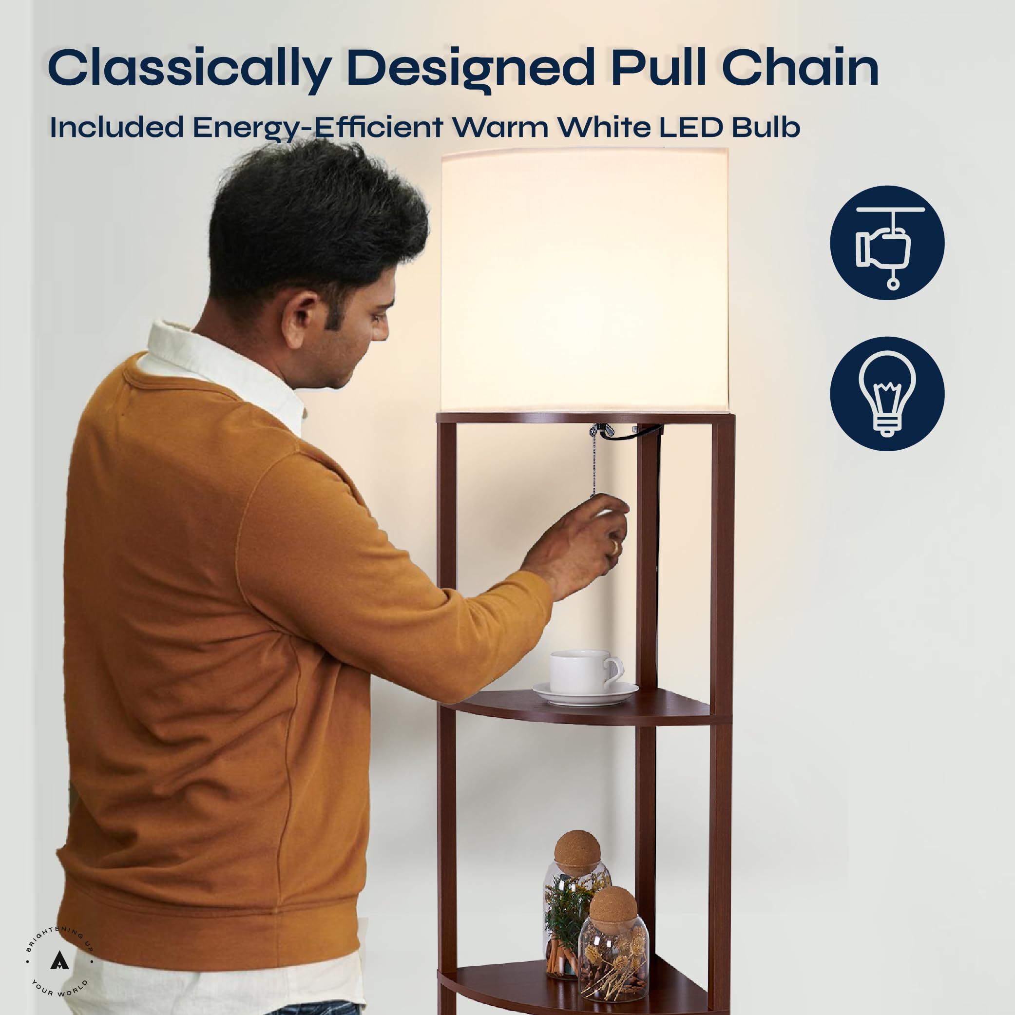 Atamin Corner Floor Lamp With Shelves - Tall Corner Lamp With Pull Chain Switch - Modern Floor Lamp For Living Room, Bedroom, Or