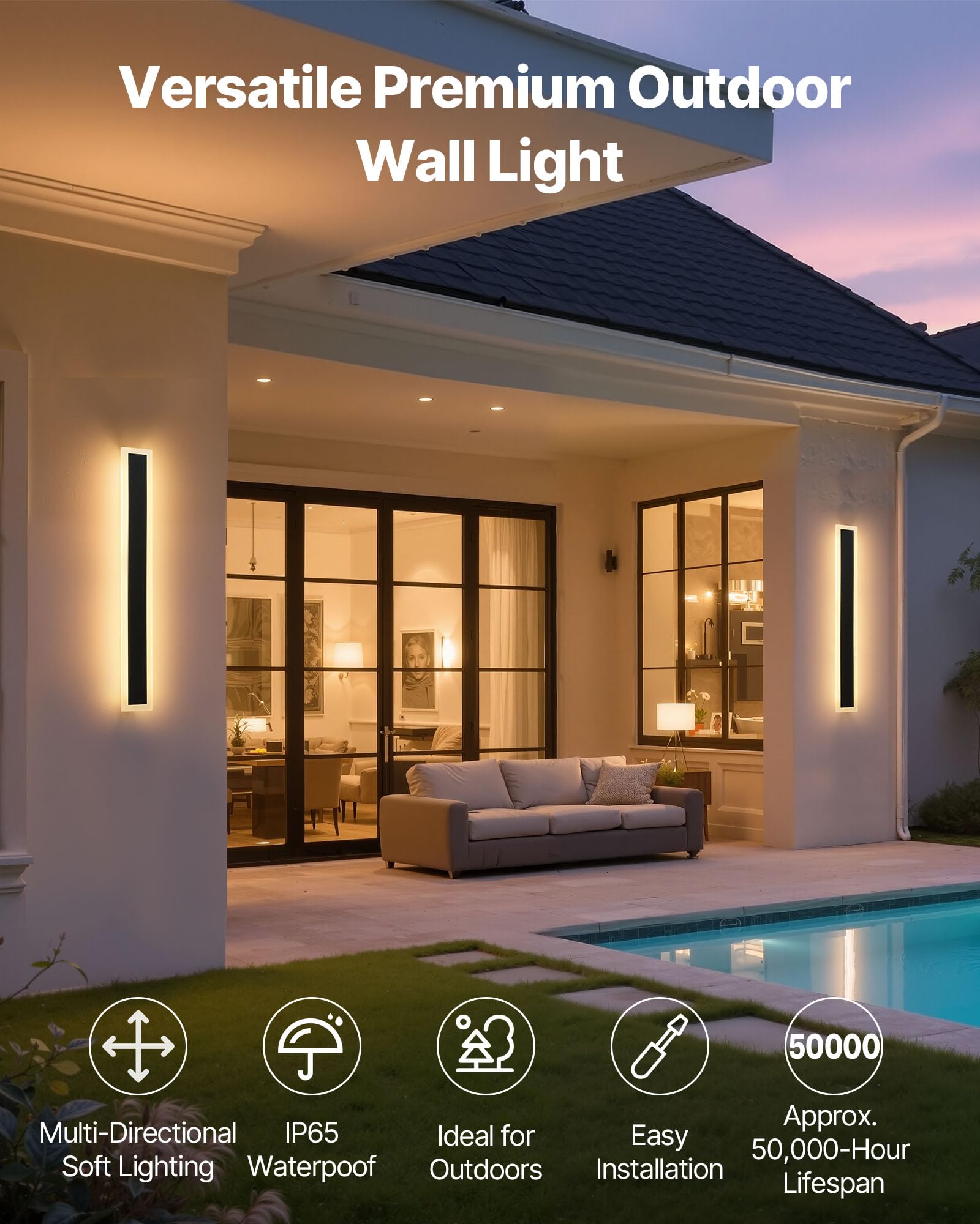 VEVOR Outdoor Wall Lights, Modern Exterior Sconce, Dimmable, 23.6 Inch, Black and White, IP65 Waterproof, Model VB20-D-2, 2 Pack