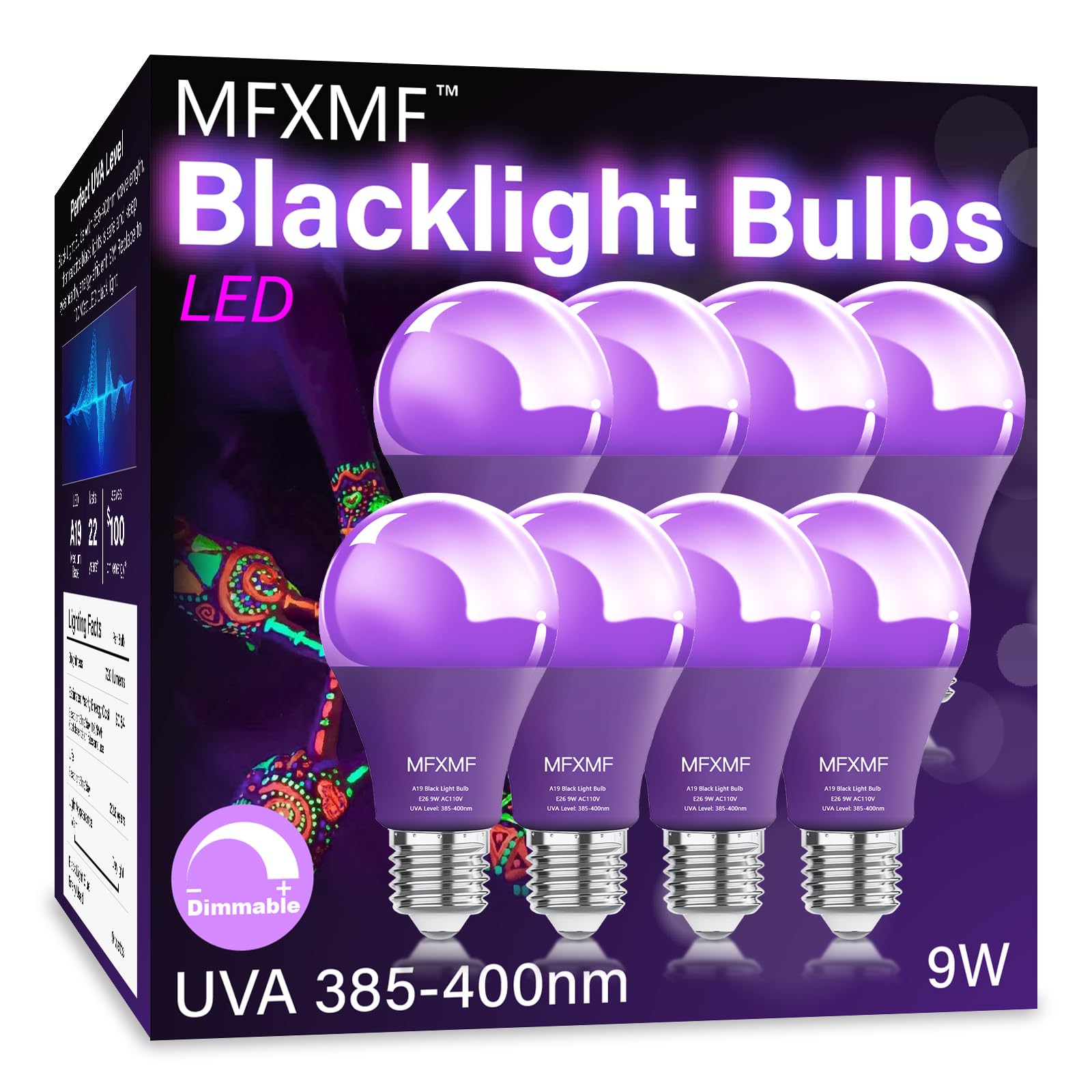mfxmf A19 LED Black Light Bulbs 10W Equivalent, UVA 385-400nm, 8 Pack, E26 Base, Glow in the Dark for Parties and Art
