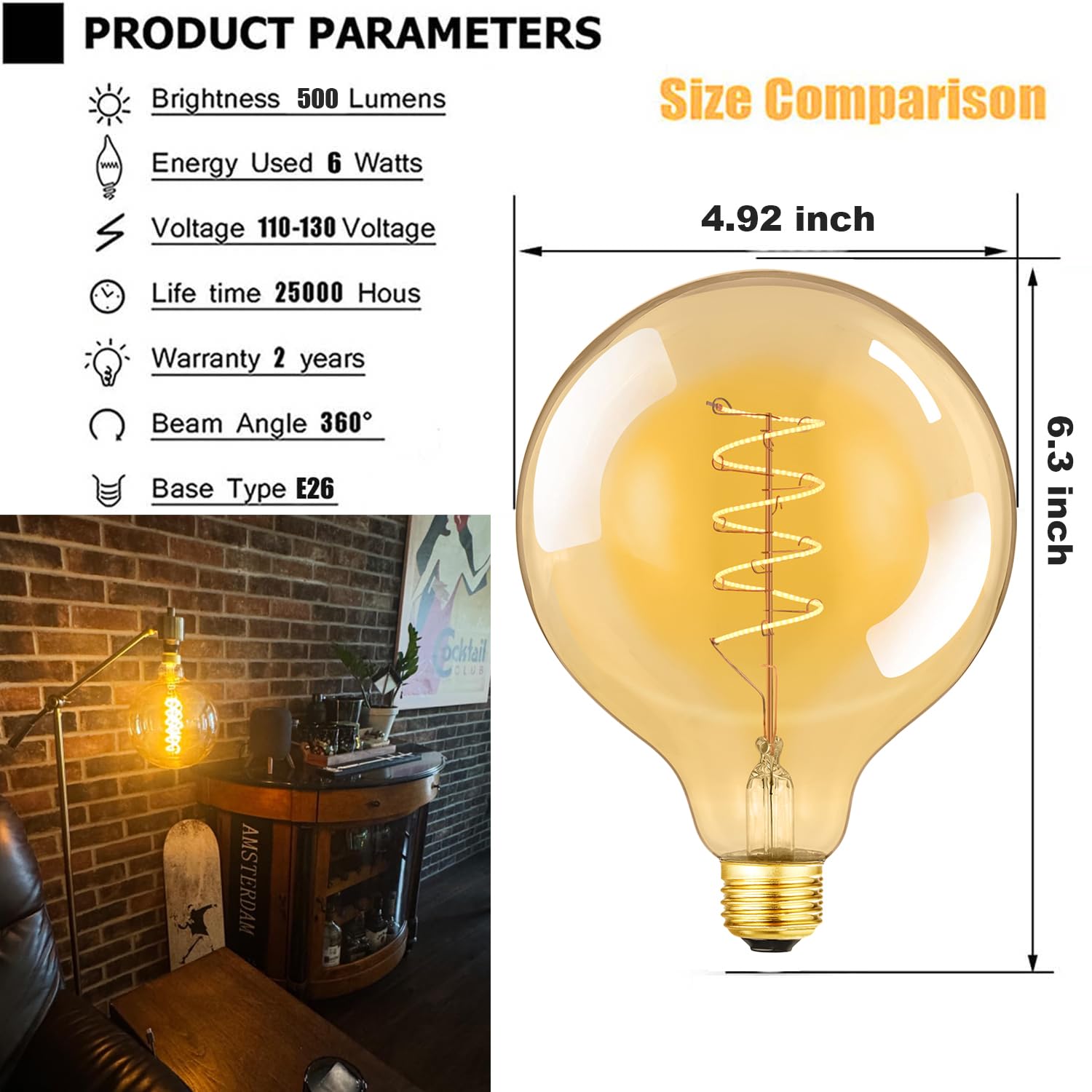 Leools Vintage LED Spiral Filament Bulb E26 Base 6W Dimmable Amber Glass Warm White 2200K Pack of 2