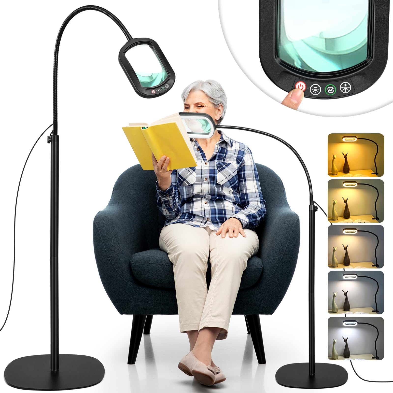 10X Rectangular Magnifying Glass With Light And Stand, 24'' Flexible Gooseneck Floor Lamp, 3-In-1 Led 5 Color Modes, Brightness