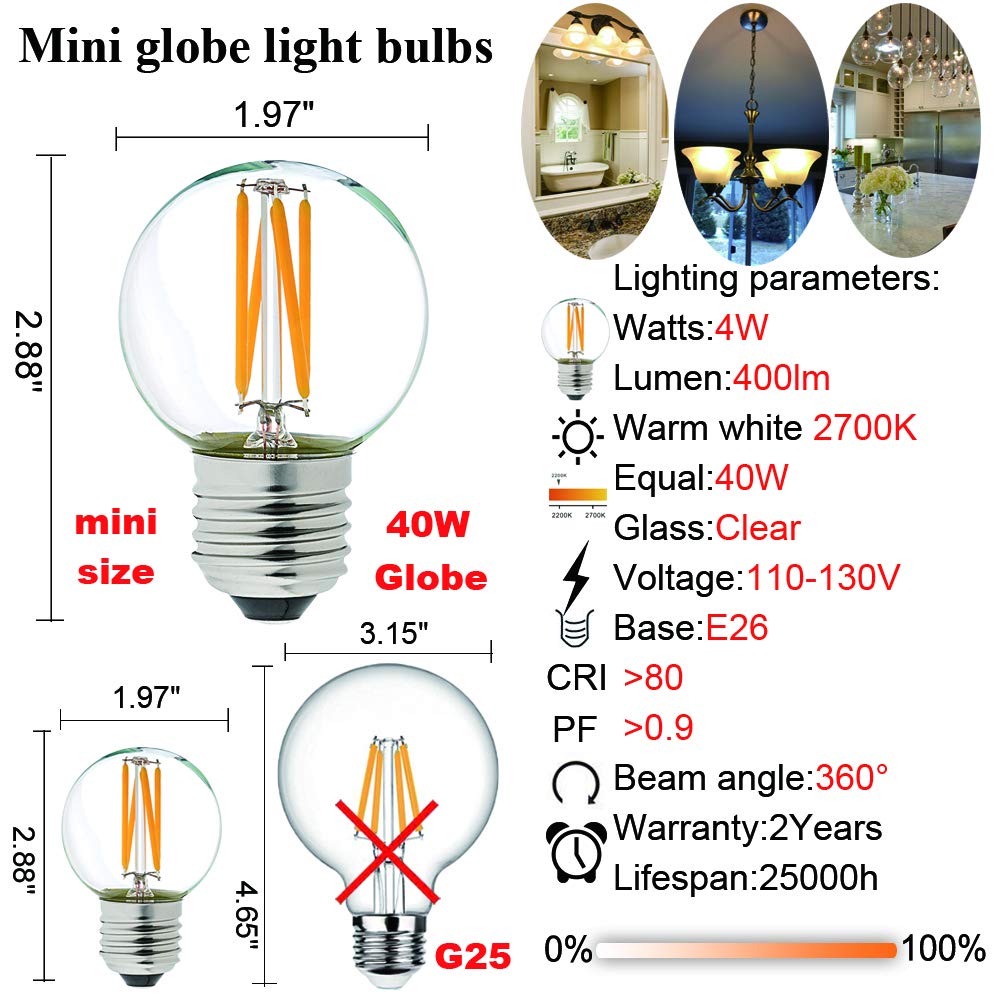 LiteHistory G16.5 Dimmable LED Bulb 40W Warm White 2700K, E26, Glass, 6 Pack, 400lm for Ceiling Fan, Chandelier,