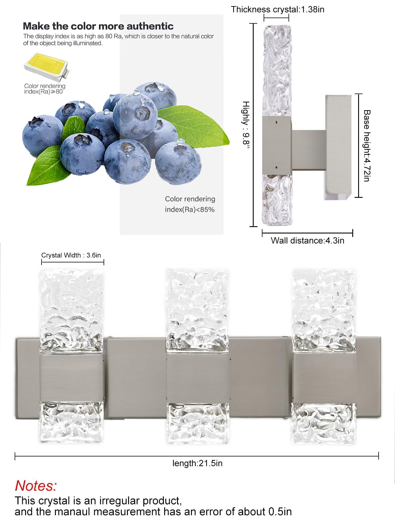 Oylyw Brushed Nickel Bathroom Vanity Light Fixture, 3 Lights, Dimmable Led Over Mirror Lighting