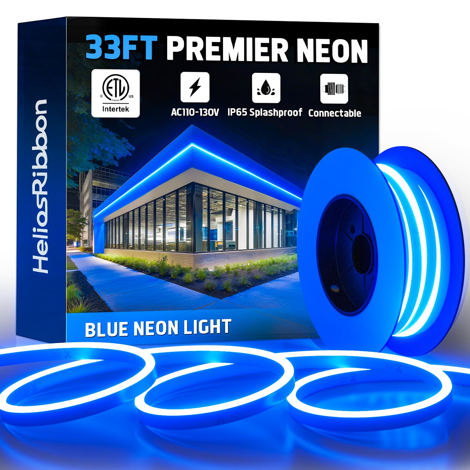 33FT Blue LED Neon Rope Lights  ETL Listed 110-120V Outdoor Flexible Neon Band IP65 Waterproof  Connectable and Cuttable  for Bar Pub Game Room Home Commercial Festival Ambient Lighting Decor