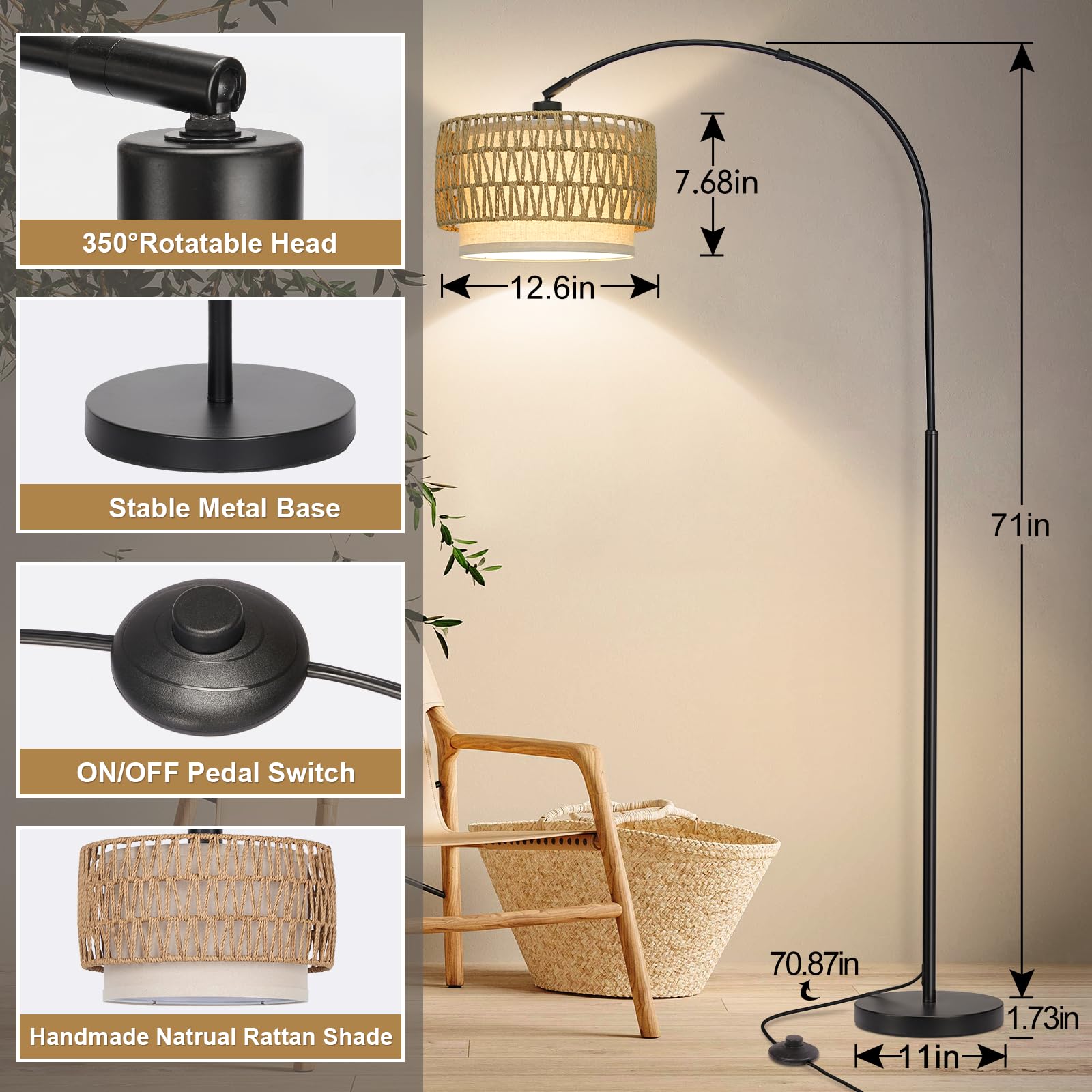 Rattan Floor Lamp, Arc Floor Lamps For Living Room, Farmhouse Standing Lamp With Adjustable Hanging Fabric Shade, Tall Pole Lamp