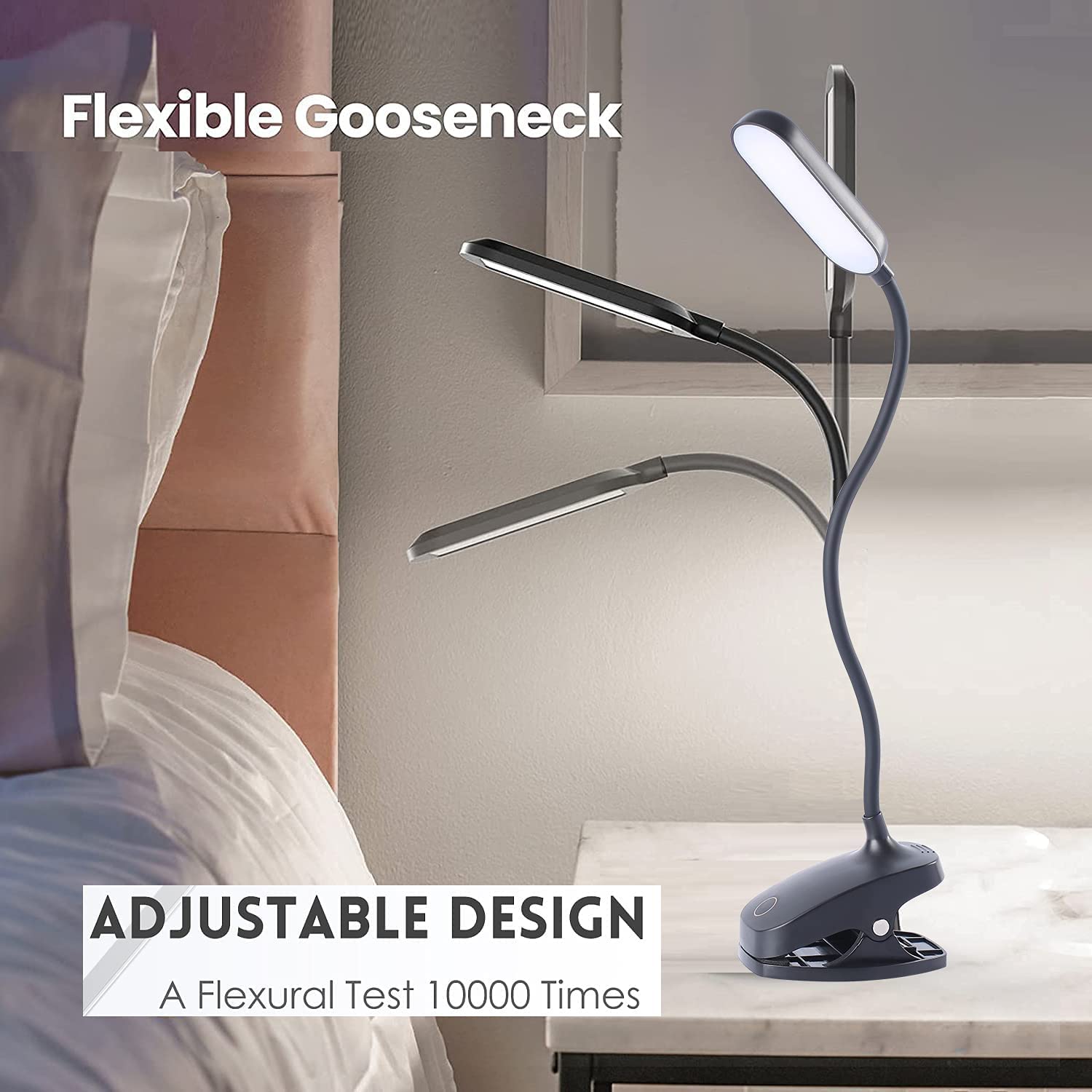 COLORLIFE Clip-On Desk Lamp - 7W Rechargeable Gooseneck Light, Stepless Brightness, Black, Model CL-DB01