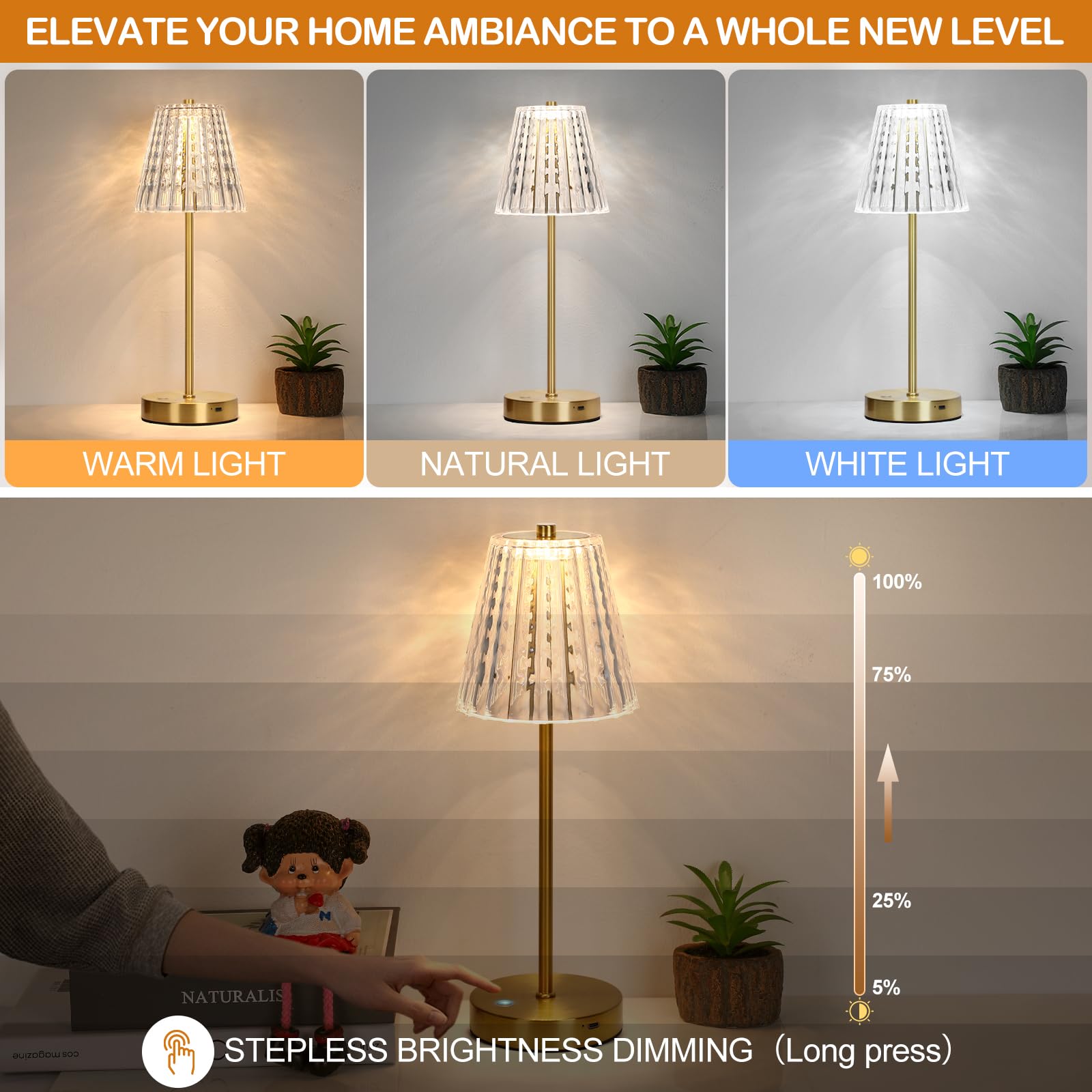 2024 New Bedside Table Lamp Set Of 2, Fully Stepless Dimmable Vintage Crystal Led Touch Lamps With 3 Colors, Portable Rechargeab