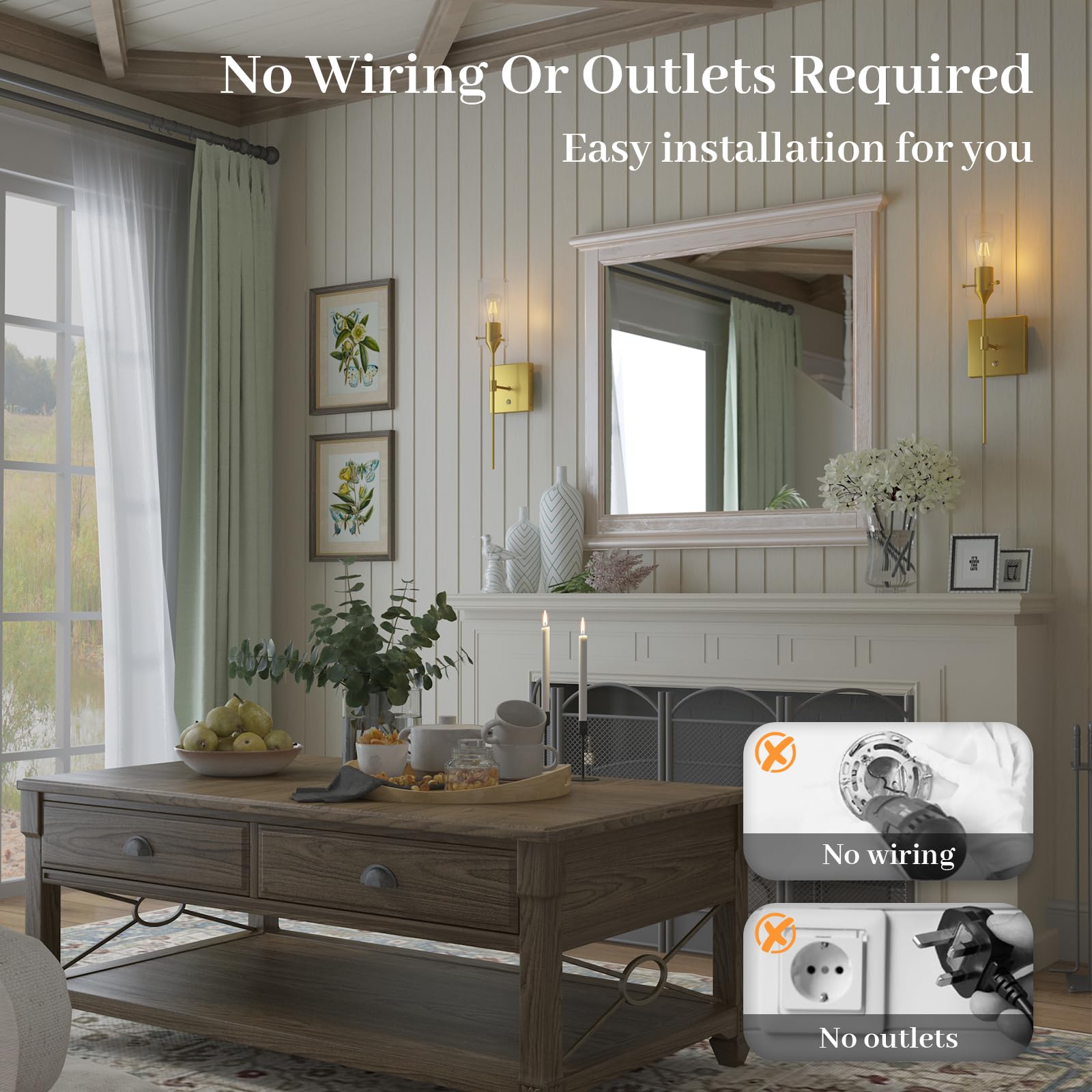 Thyfenno Dimmable Battery Operated Wall Sconce Set Of Two, Rechargeable Wall Lamp No Hardwire, Wireless Wall Mounted Light For Bedroom Bathroom Kitchen Vanity Mirror, Bulb Included