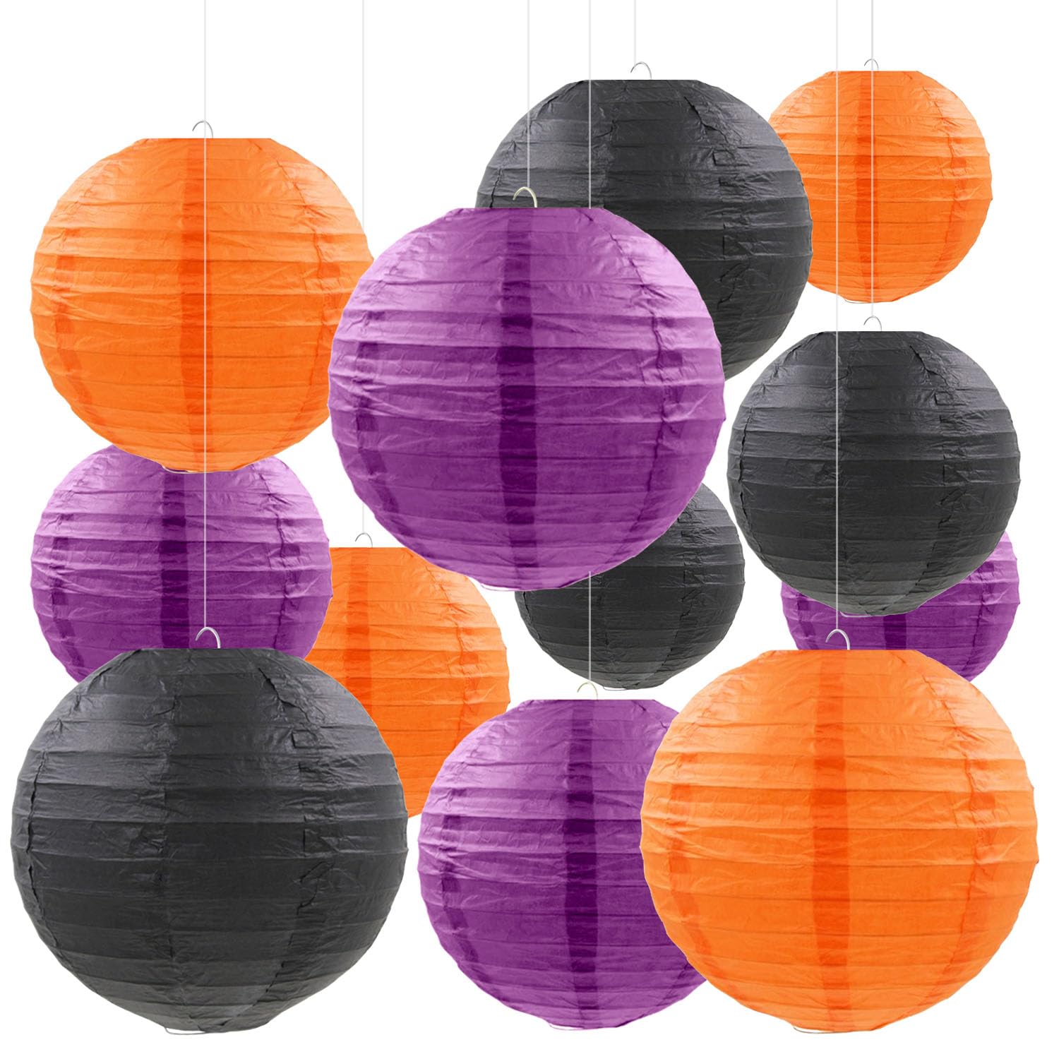 Pheila 12 Pcs Halloween Paper Lanterns - Orange, Black, Purple Party Decorations For Indoor/Outdoor
