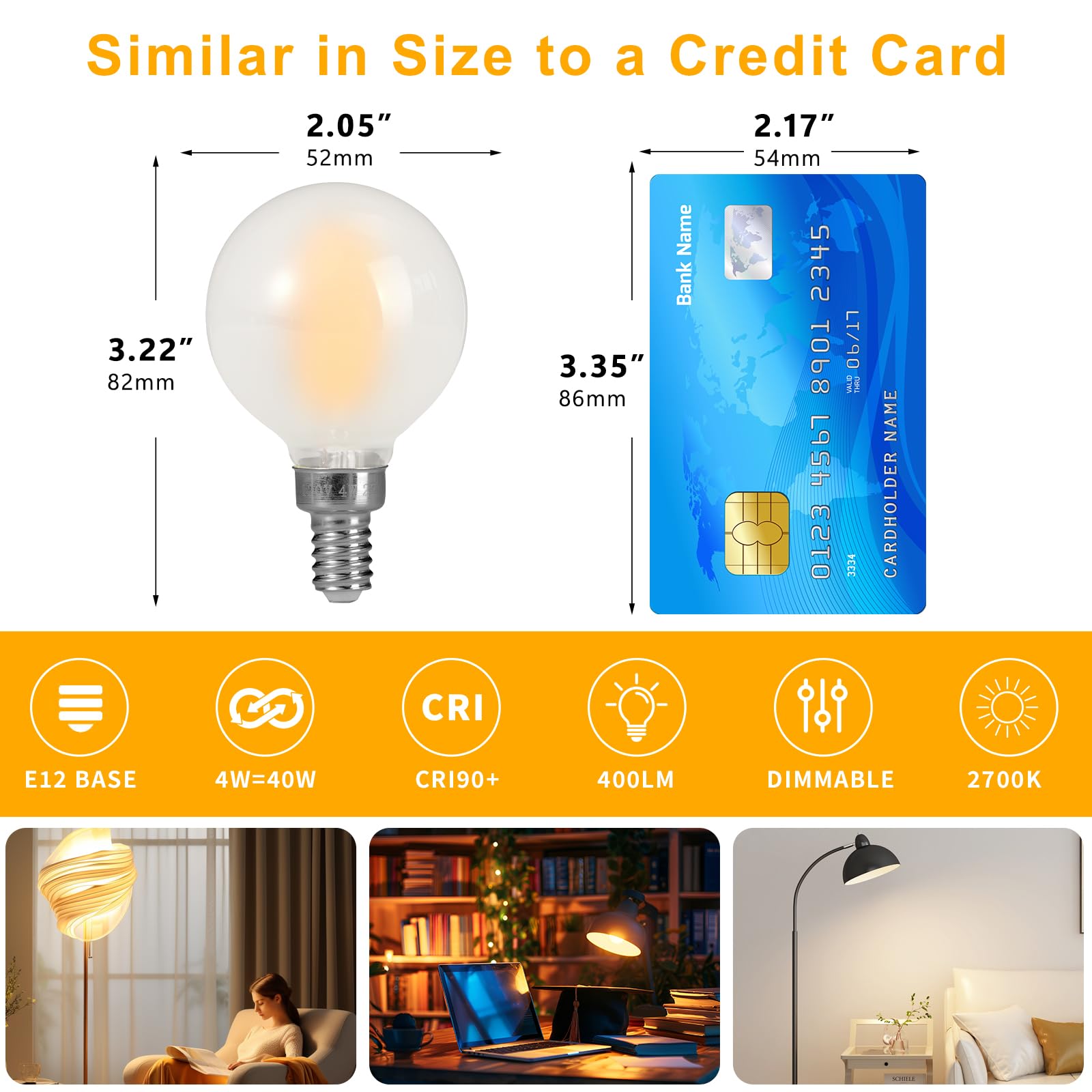 Decoaui E12 G16 LED Globe Light Bulbs, 4W (40W Equivalent), 400 Lumens, 2700K Soft White, Frosted Glass, 12 Pack