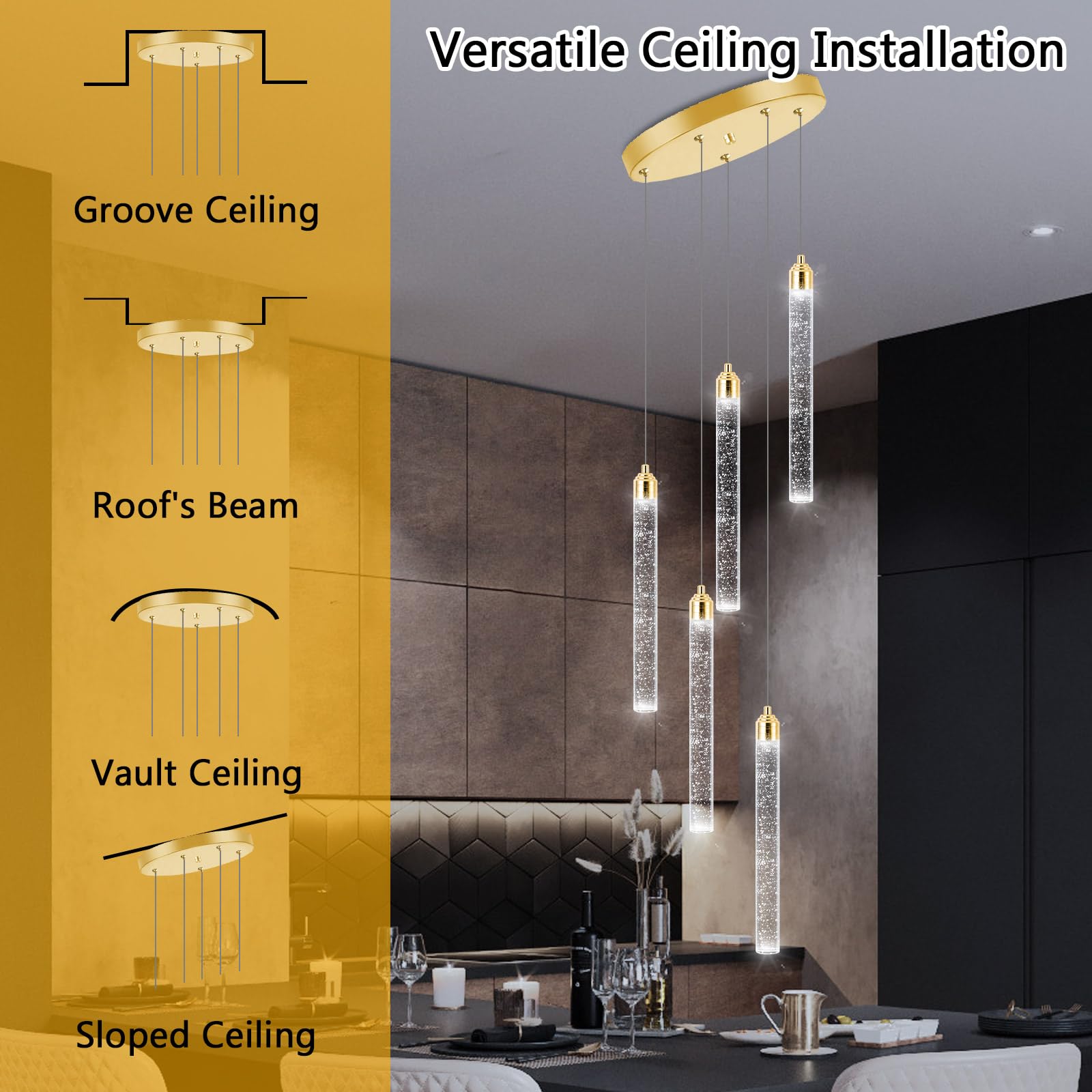 Dolria Mini Chandelier Pendant Light - 5 Lights, Dimmable, Gold, Modern Crystal Design for Kitchen Island, Dining Room, Bedroom