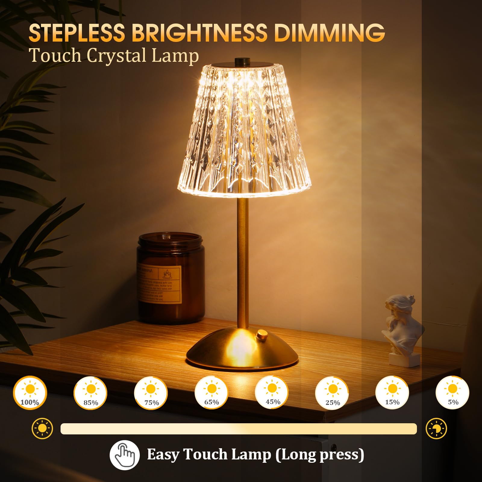 Nusogon Cordless Touch Dimmable Crystal Lamp, 5.1" x 12", Metal Gold, Rechargeable, 3 Colors, Vintage Design for Indoor/Outdoor Use