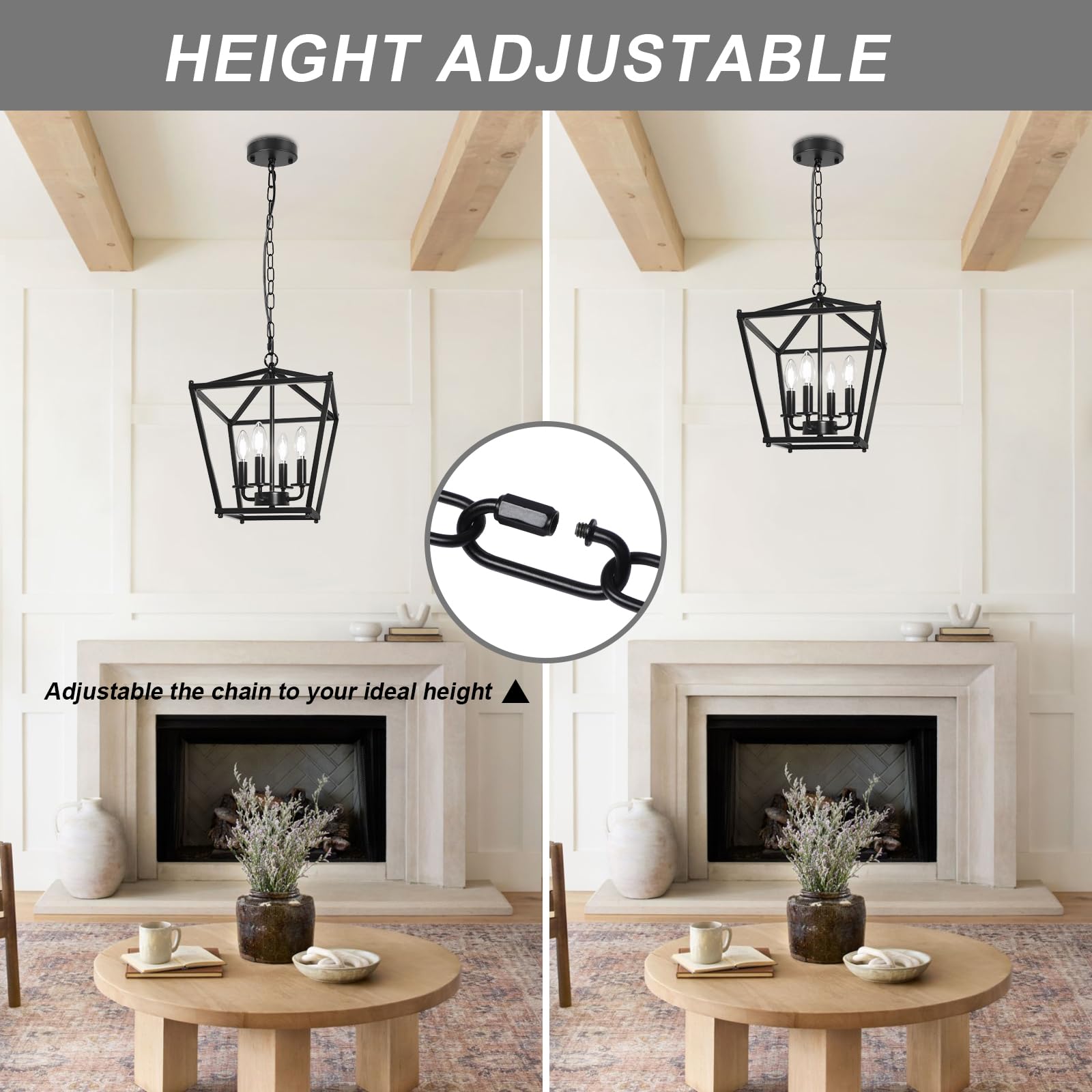 Unicozin 4-Light Black Lantern Chandelier, Adjustable Rustic Geometric Light for Kitchen Island & Entryway, E12 Base