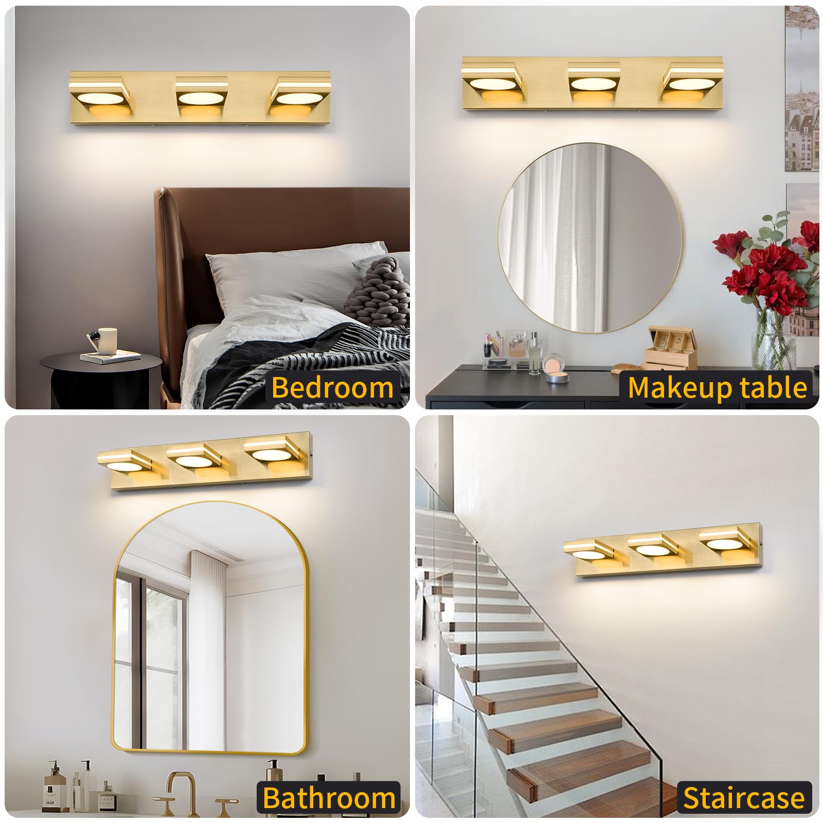Okeli 3-Light Led Bathroom Vanity Light Fixtures  Gold Modern Bathroom Wall Lighting Fixtures Over Mirror (3Cct  3000K-6000K)
