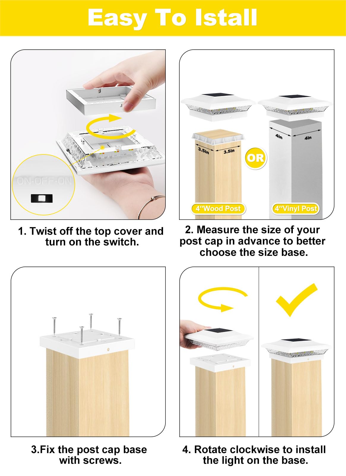 T-Sun 4X4 Post Cap Lights 6 Pack For Vinyl/Wooden Fence Outdoor Waterproof Warm & Cool White  Deck Solar Post Lights For Patio Garden Yard Lighting
