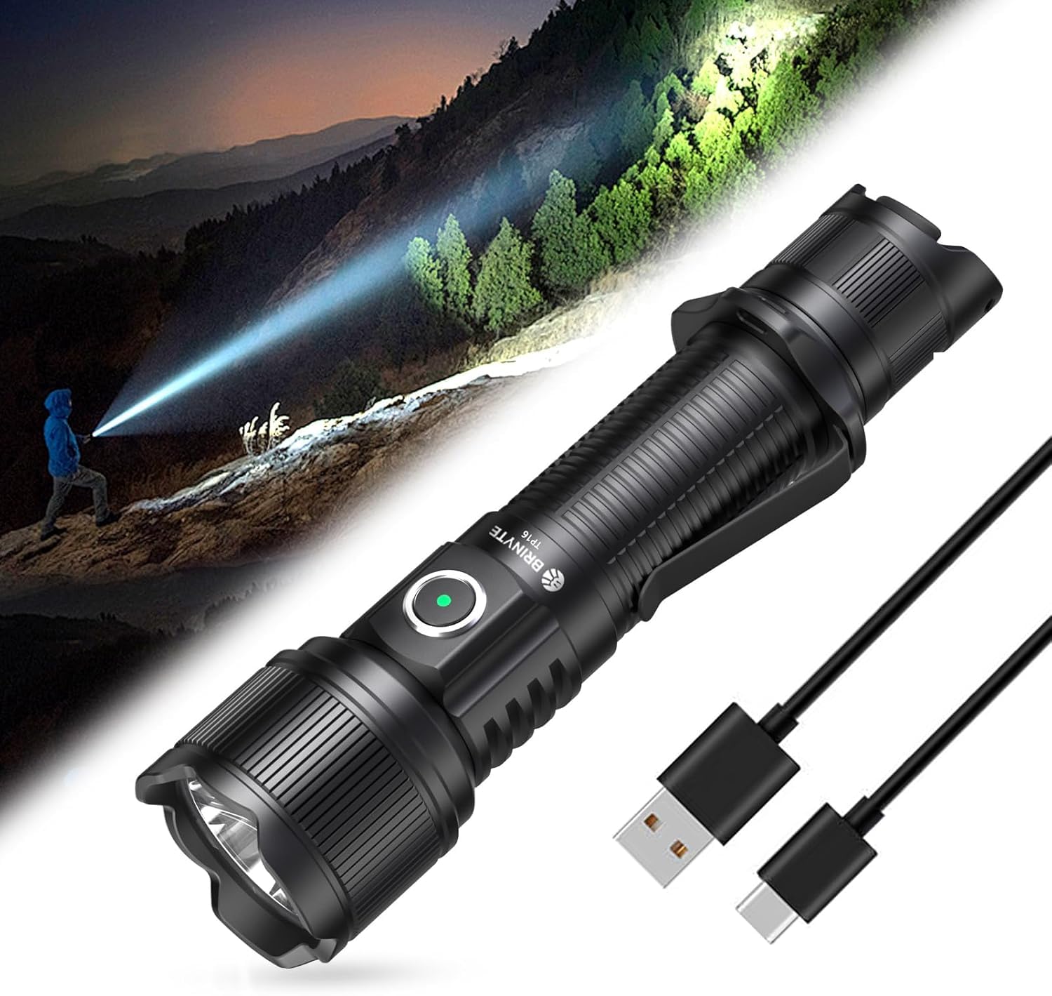 Brinyte PT16 Tactical Flashlight 2000 Lumens Super Bright LED Flashlight, 600m Long Beam USB-C Rechargeable Dual Switches, IP68