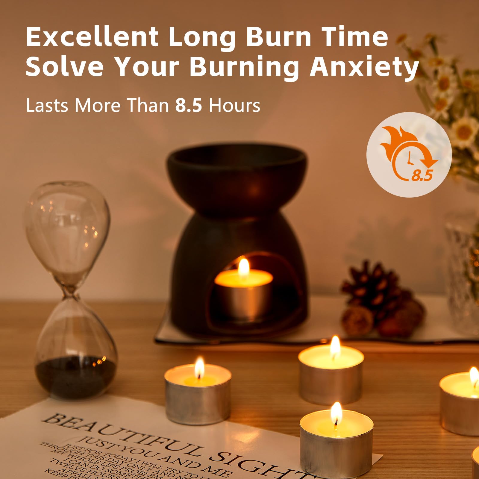 Ashlux Unscented Palm Tea Lights Candles 50 Pack Bulk, 8 To 9 Hours Long Burning White Tea Lights,Non-Paraffin, Smokeless, Mini Tealight Candles For Wedding, Table Centerpiece, Party, Power Outages