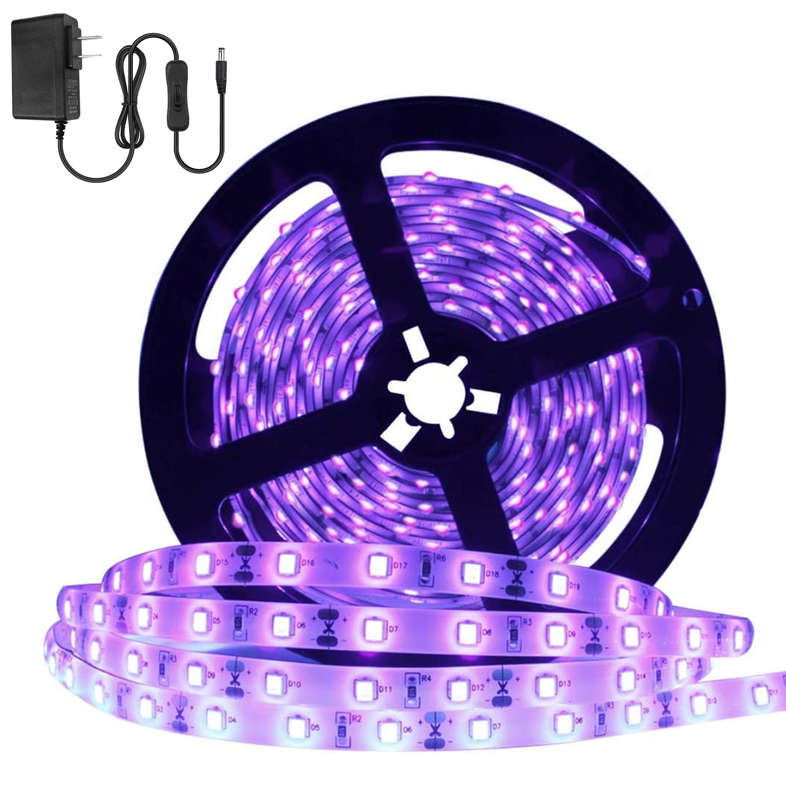 YGS-Tech 24 Watts UV Black Light LED Band  16.4FT/5M 3528 300LEDs 395nm-405nm Non-Waterproof Blacklight Night Fishing Implicitly Party with Power Supply