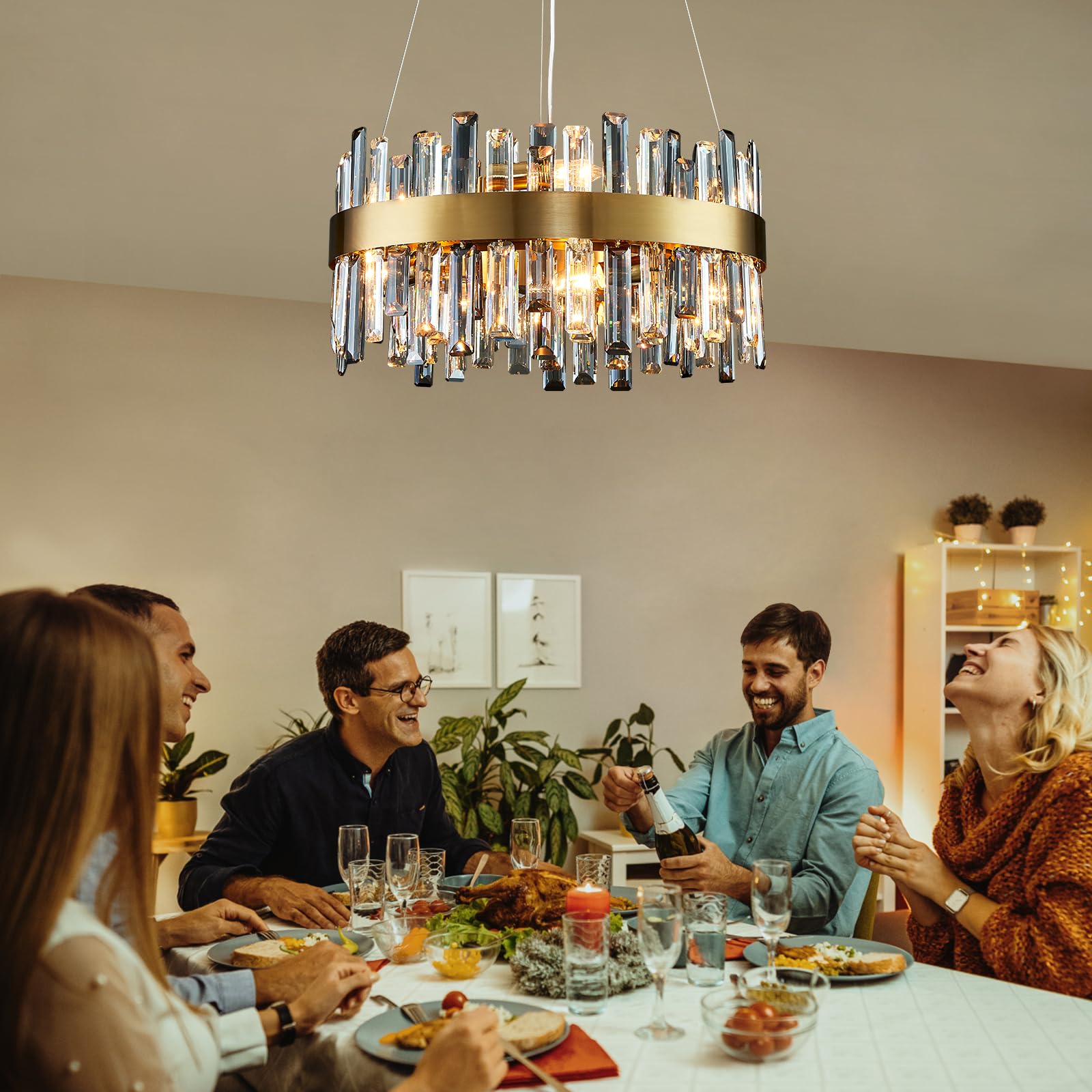 Siljoy Modern Crystal Chandelier, 12-Light Brass Gold, Round D19.7in , Clear & Grey Crystal, Model FSK0607