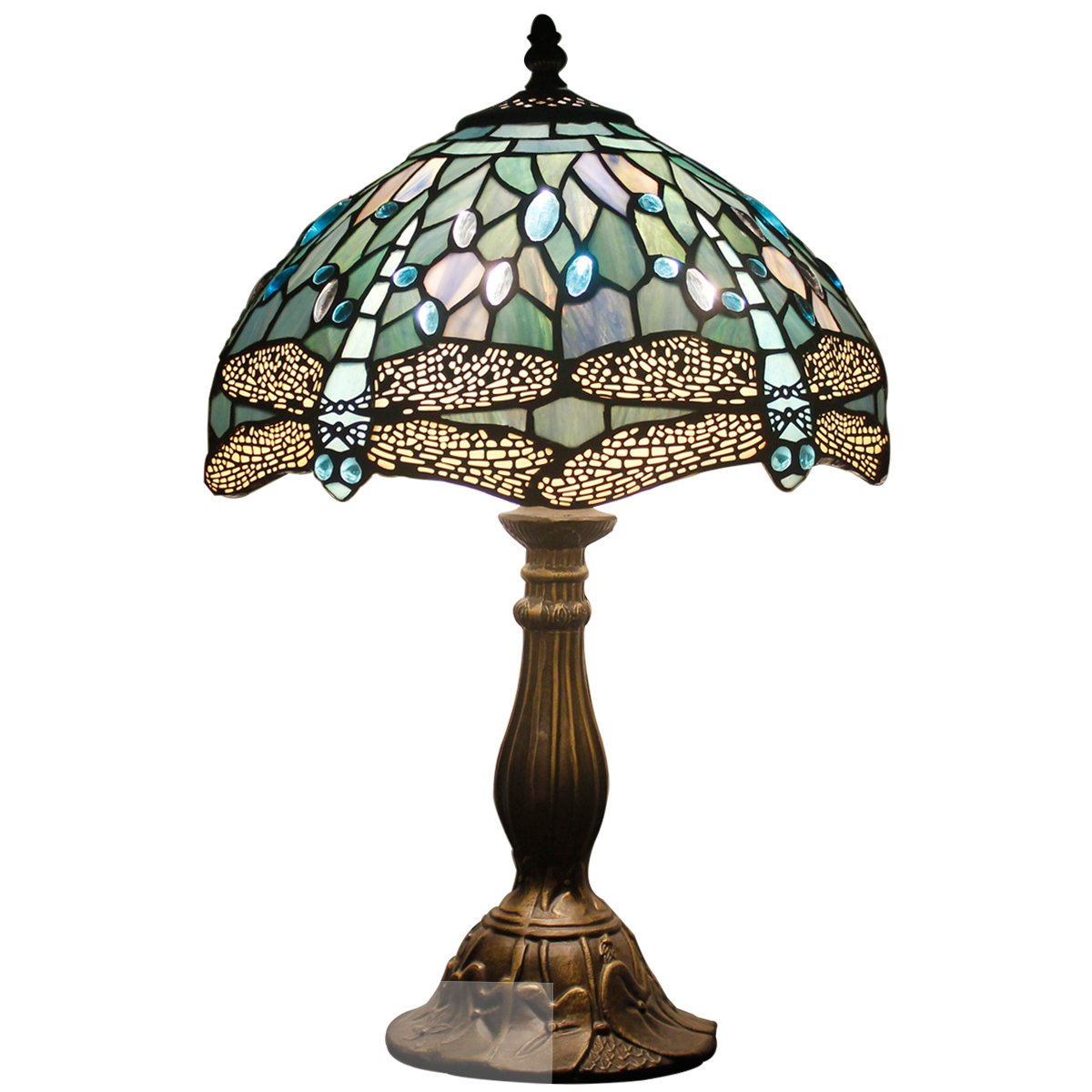 WERFACTORY Tiffany Lamp Sea Blue Dragonfly S147 Series Metal Table Lamp 12x12x18 Inches
