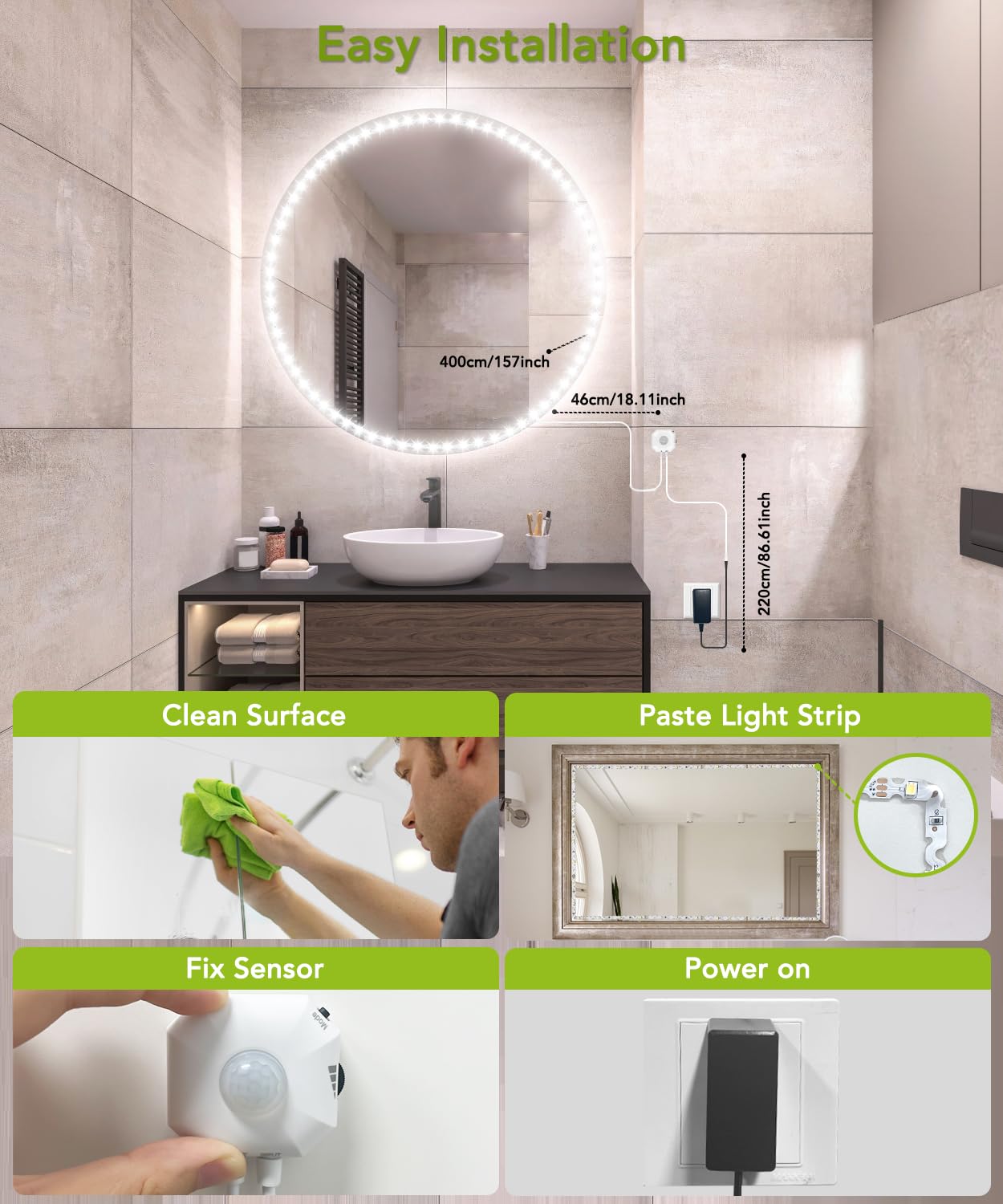 Keshu 13Ft Led Vanity Mirror Lights, Ultra Bright Motion Sensor, Bendable, Dimmer, Mirror Not Included