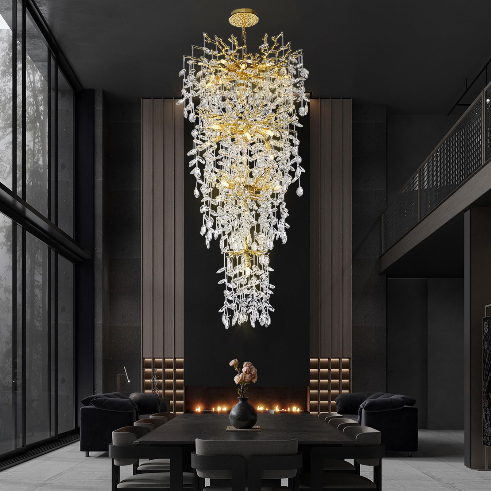 105'' Long Crystal Chandelier For High Ceilings 25-Lights Modern Gold Tree Branch Chandelier, Large Chandeliers For Foyer, Entry