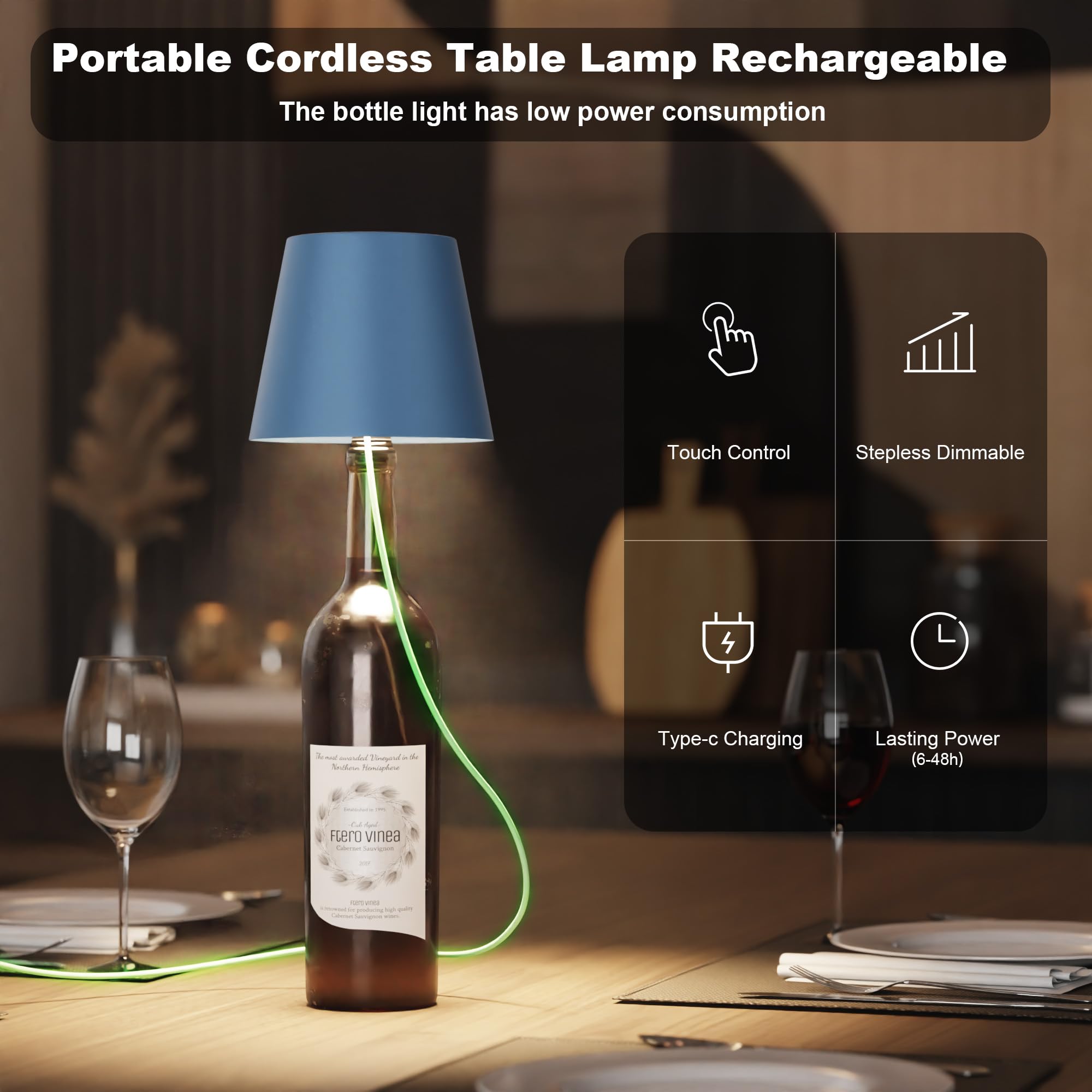 ULAROOM Wireless LED Table Lamp, Rechargeable USB-C, Dimmable Touch, Aluminum, Small Size, Blue