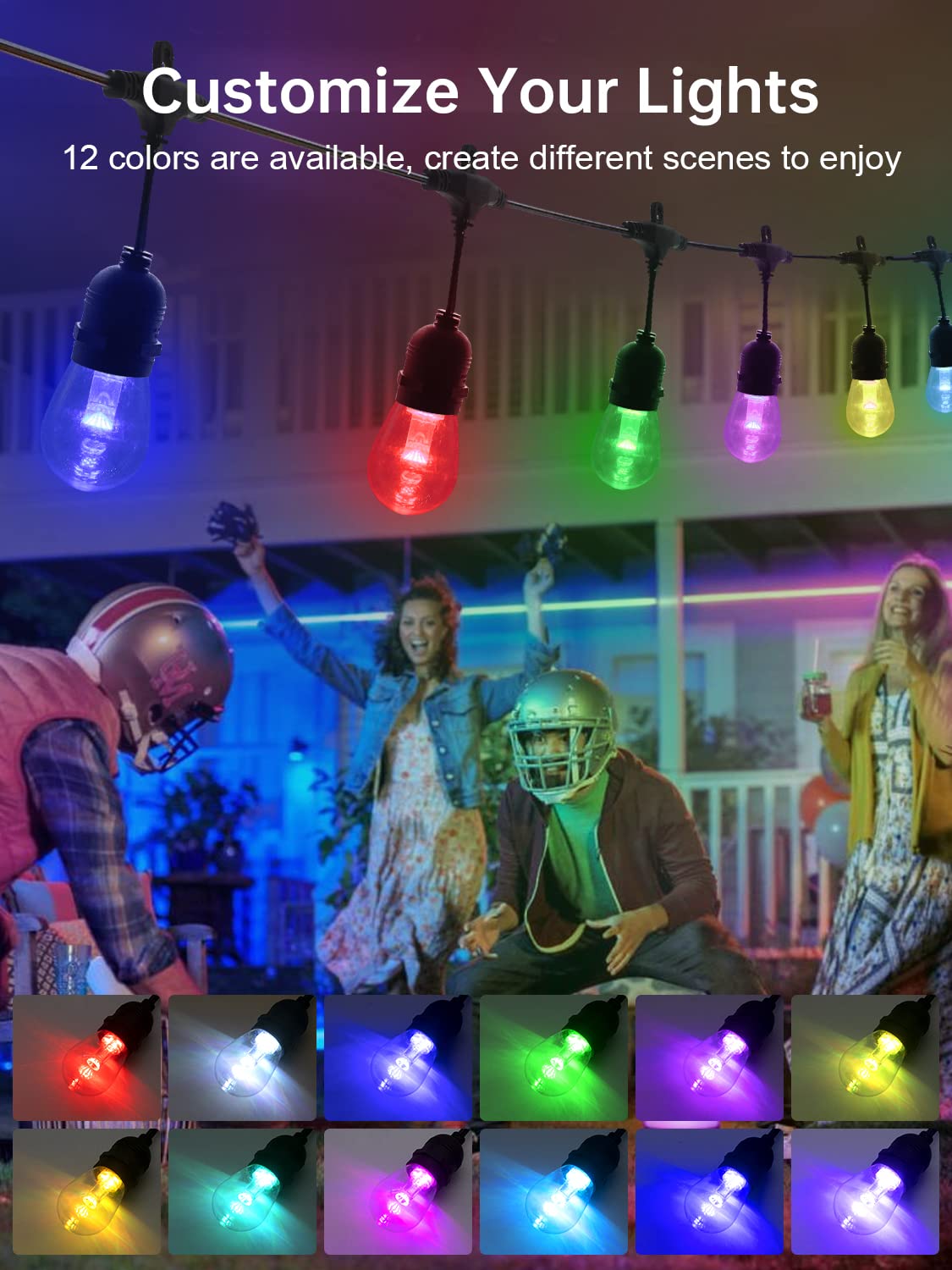 LSOOBZ 48FT LED Outdoor String Lights - Remote Control, Shatterproof, Waterproof, Multicolor, Dimmable for Patio & Wedding Decor