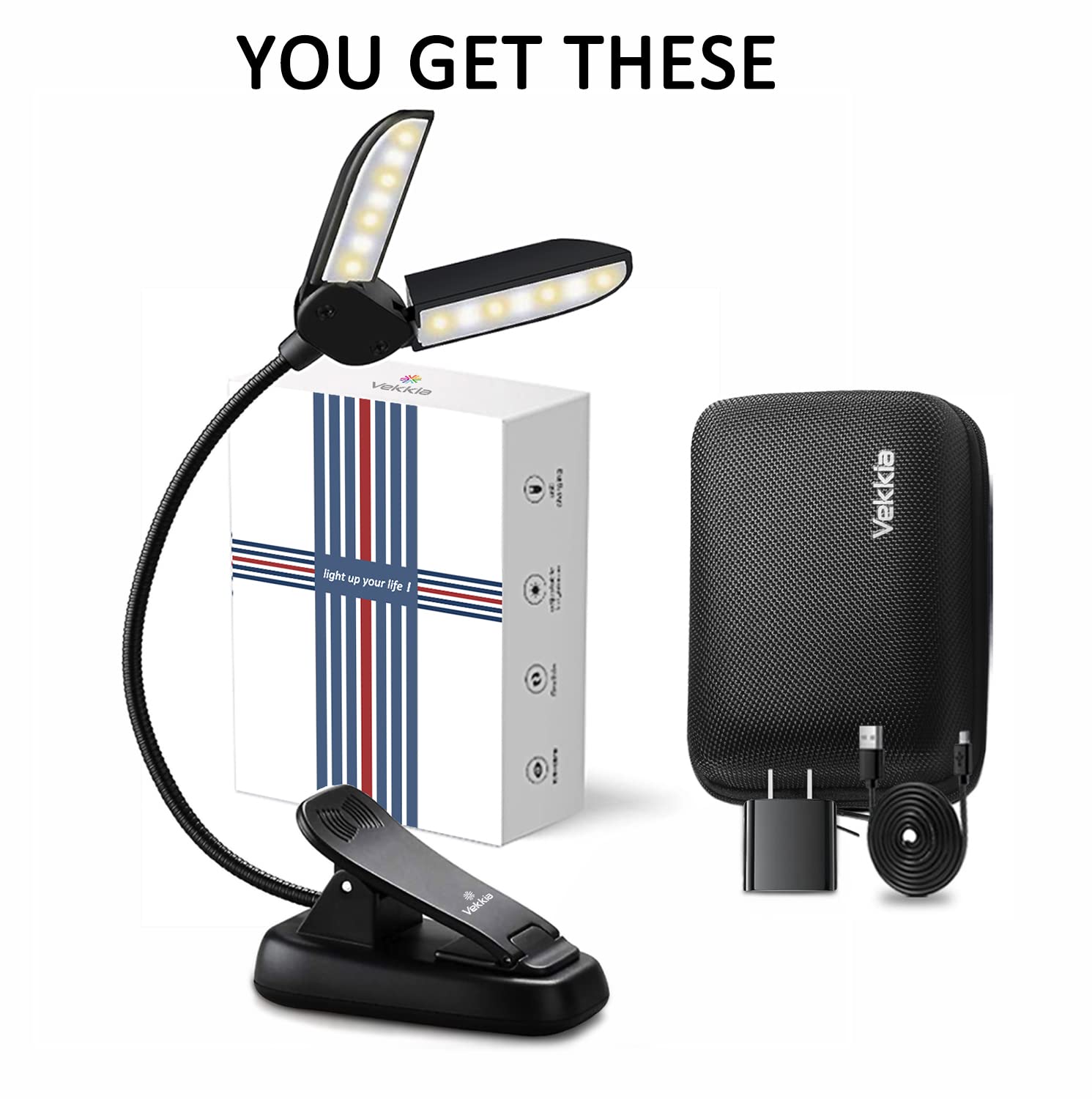 Vekkia 14 LED Book Light - Warm/White Eye Care Reading Light with Clamp, Black, Includes Charger & Travel Case, Lightweight Design