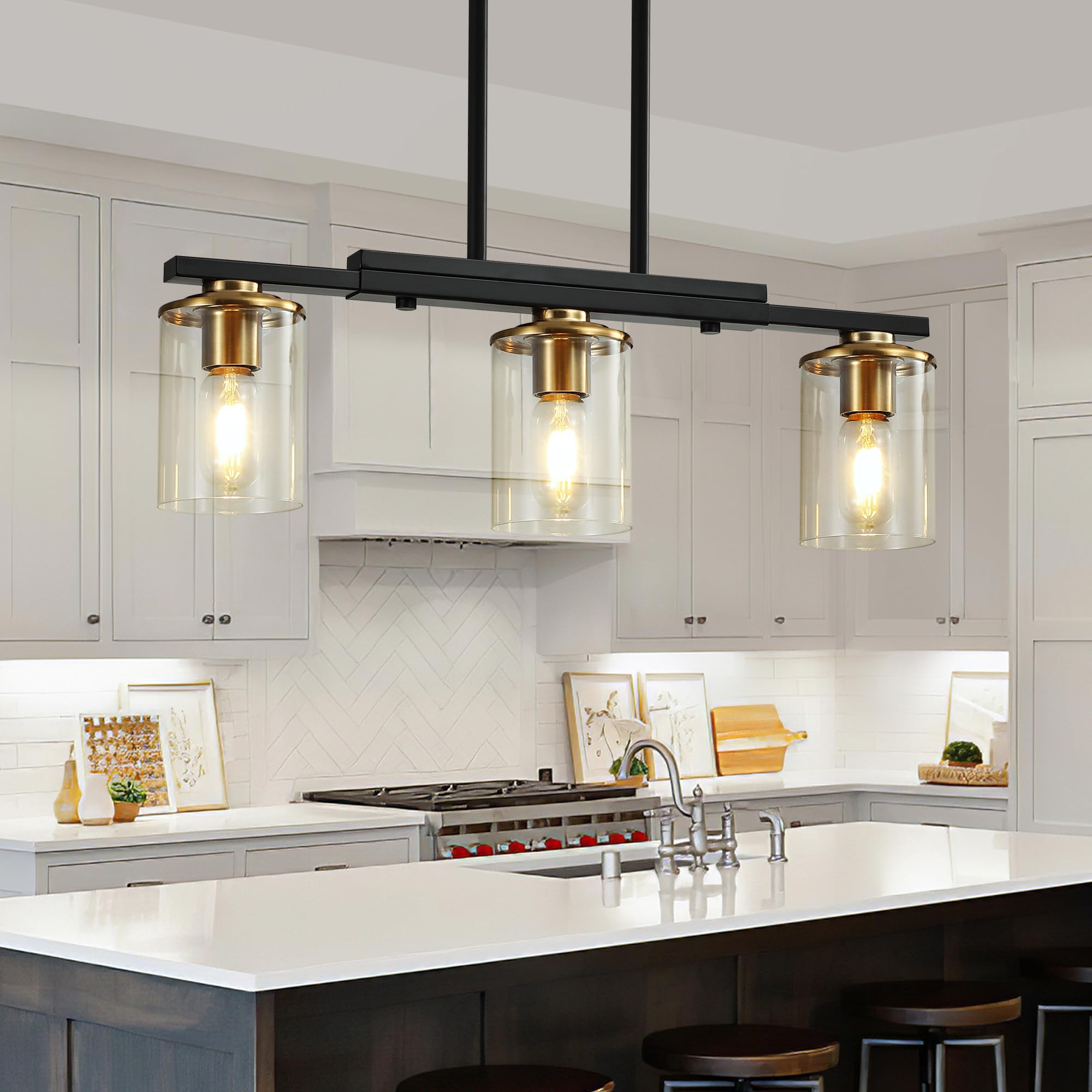 Xvmbvm 3-Light Kitchen Island Lighting Dining Room Lights Modern Farmhouse Chandelier With Clear Glass Shade Modern Rustic Black And Gold Metal Chandelier  Kitchen Pendant Light Fixtures Over Table