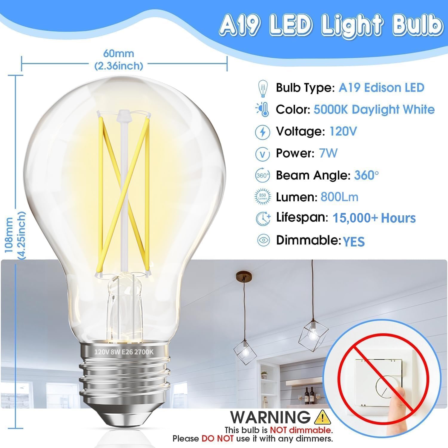 Volivo A19 Vintage Led Edison Bulbs, Dimmable Light, 7W Equivalent 60W Incandescent, 5000K Daylight, 800 Lumens, E26 Standard Ba