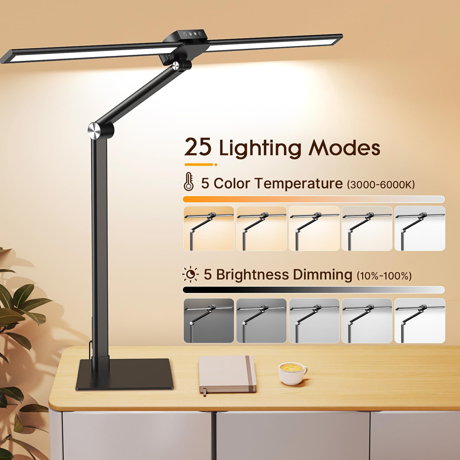 Syrinx Desk Lamp With Base, Eye-Caring Desk Lamps For Home Office With Gesture Sensor Switch, Dual Screen Computer Monitor Led Desk Light, 24W 25 Lightings Bright Table Lamp With Usb Charging Port