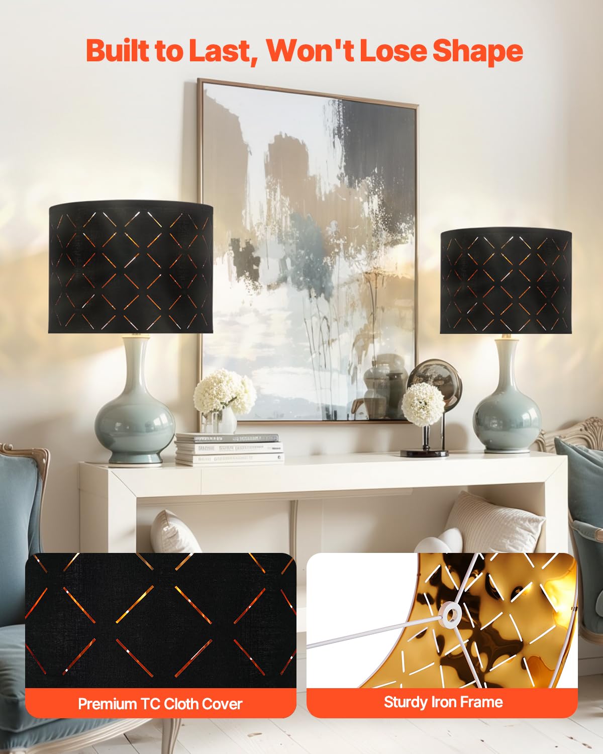 VEVOR Drum Lampshade Set, Black Diamond Design, 13inx13inx10in, Replacement for Table & Floor Lamps, Model heiselingxingloukong