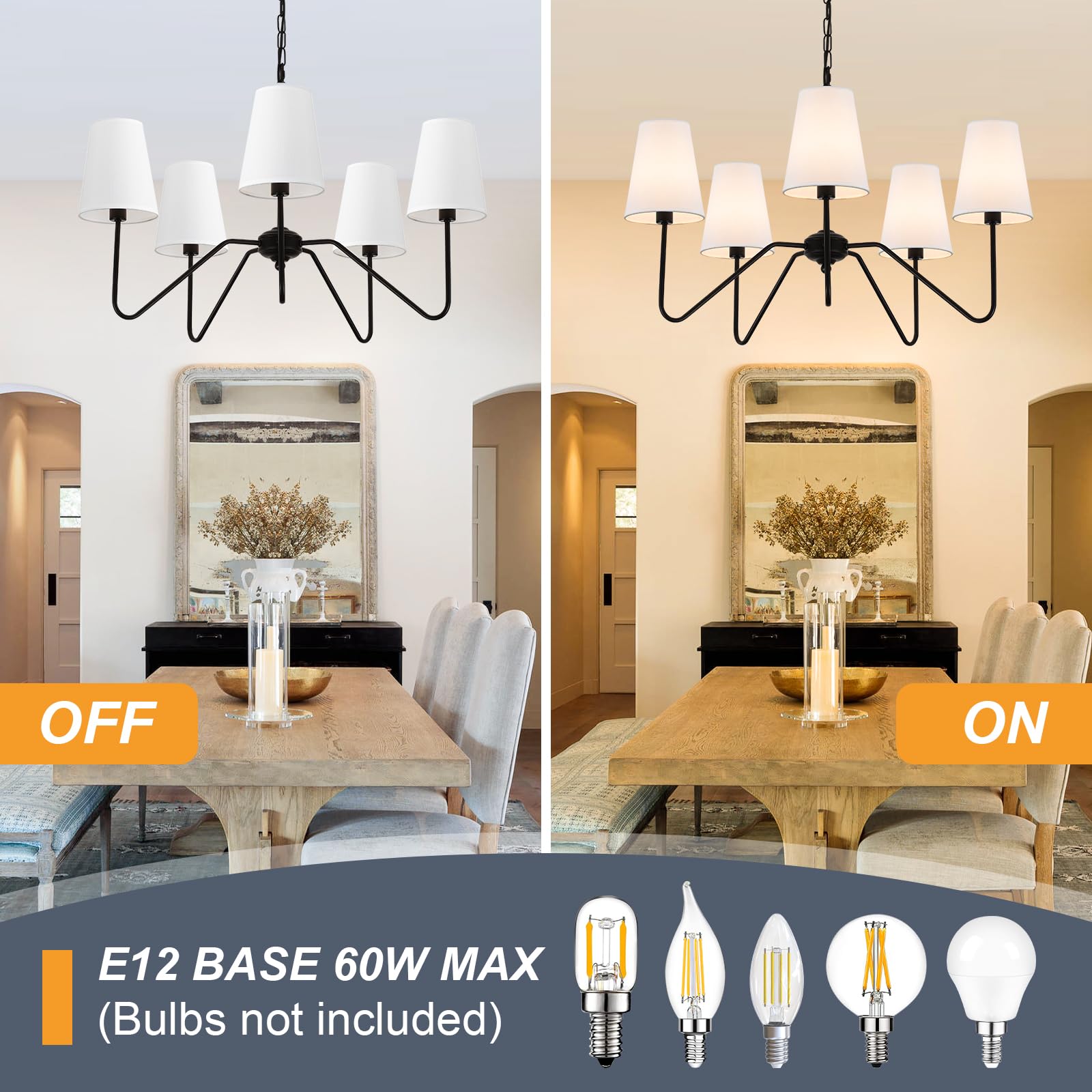 Jsdorsy Chandeliers For Dining Room  Modern Pendant Light Fixture Over Table With White Shade Classic Ceiling Hanging Lighting For Living Room Hallway Bedroom  5-Arm  30 Dia  Height Adjustable
