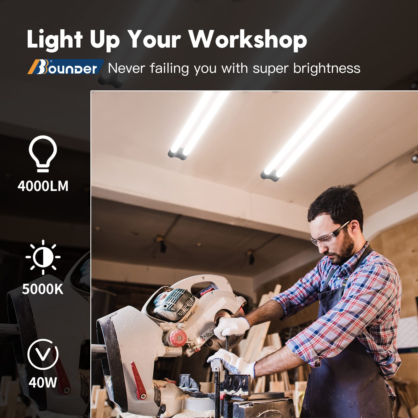 BBOUNDER Linkable LED Utility Shop Light 10 Pack, 4FT, 5000K Daylight, Black, Surface + Suspension Mount