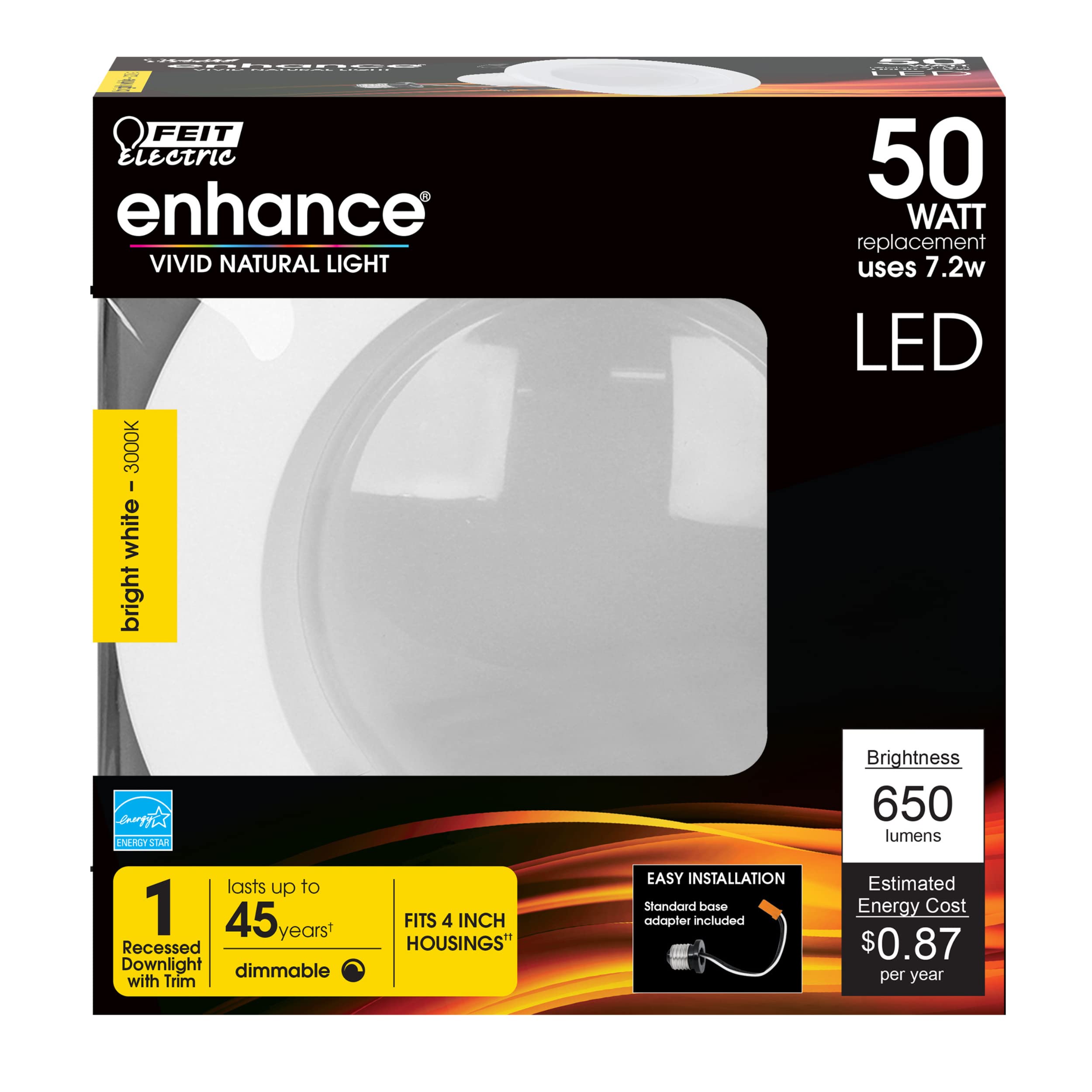 Feit Electric Led 4 Inch Recessed Lighting, 50W Equivalent, Dimmable Retrofit Downlight, E26 Adaptor For Recessed Can Lights, 50,000 Hour Lifetime, 650 Lumens, 3000K Bright White Ledg2R4/930Ca