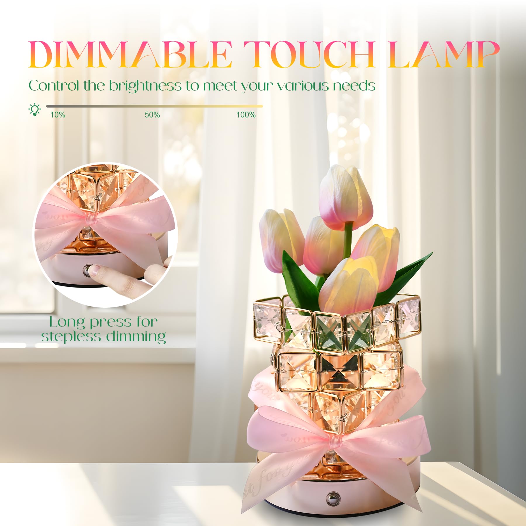 Nuunuy Gifts For Her Women,Led Tulip Cordless Night Light Dimmable Crystal Base With Usb Charge, Small Night Light Home Decor